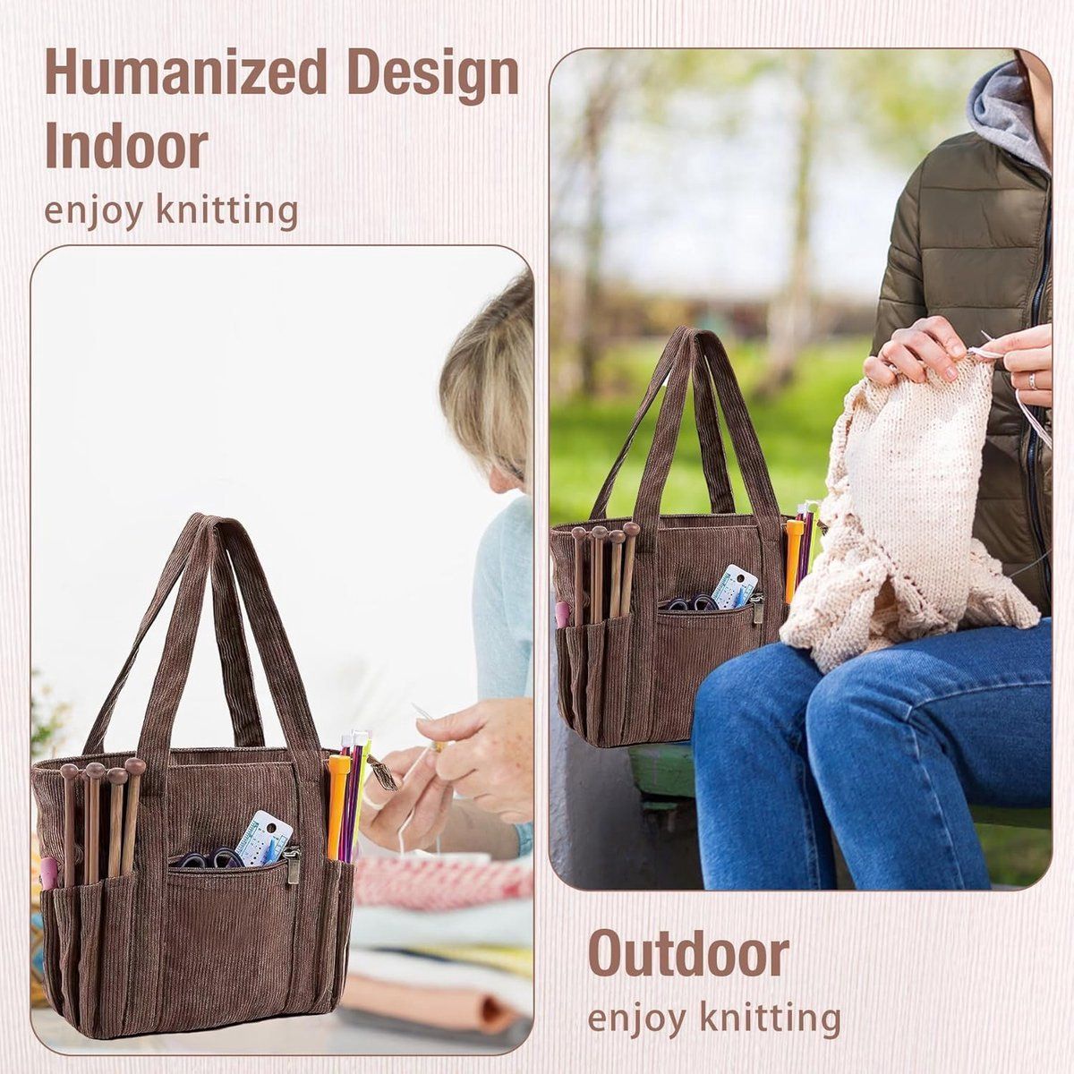 Corduroy Yarn Storage Bag With Metal Grommets And Multiple Pockets, Portable Crochet And Knitting Tote For Travel, Brown, 39.5 x 15.2 x 23.5 cm