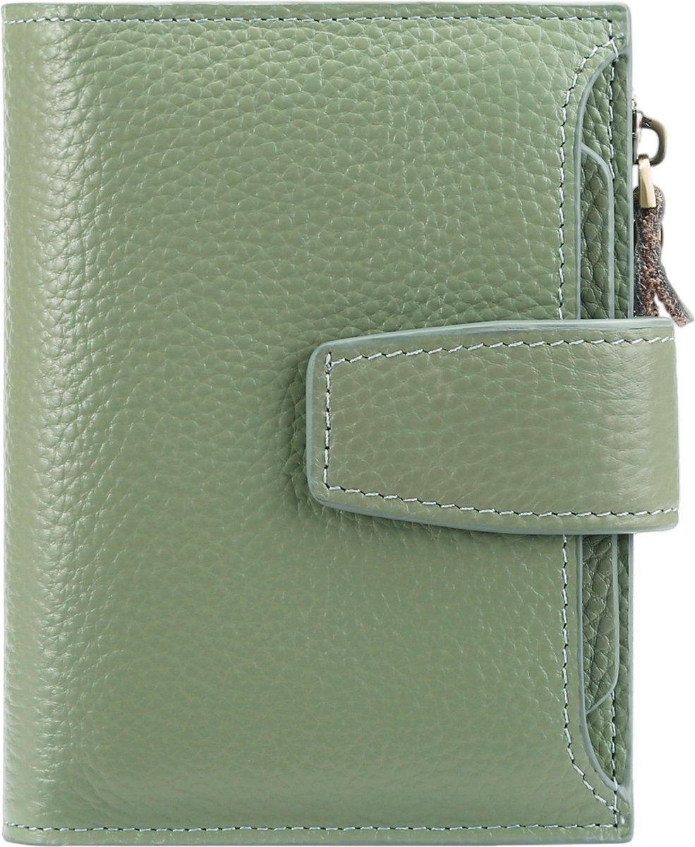 Womens Genuine Leather RFID Blocking Wallet With 14 Card Slots Zipper Coin Pocket Compact For Purse And Travel Light Green
