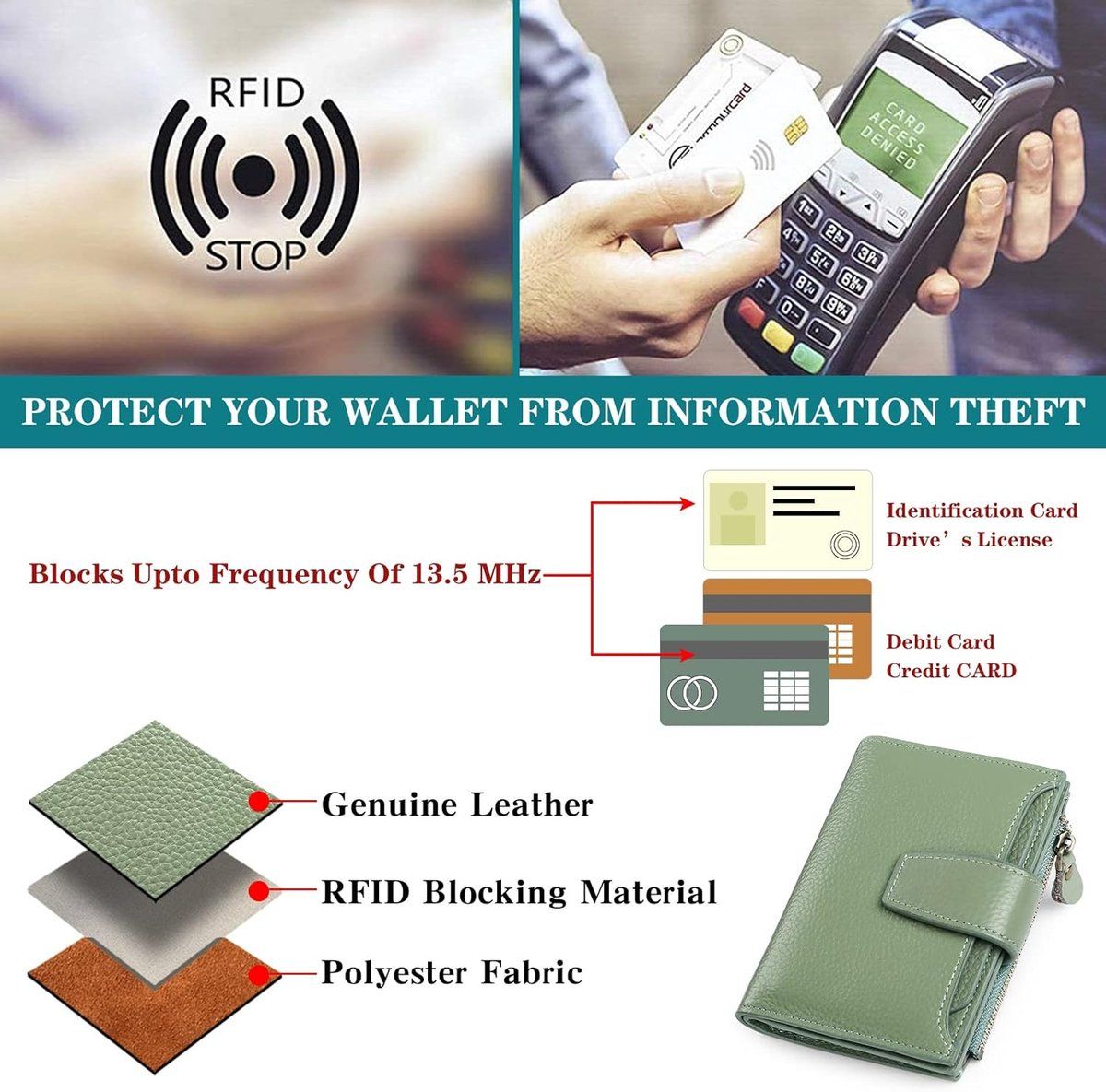 Womens Genuine Leather RFID Blocking Wallet With 14 Card Slots Zipper Coin Pocket Compact For Purse And Travel Light Green