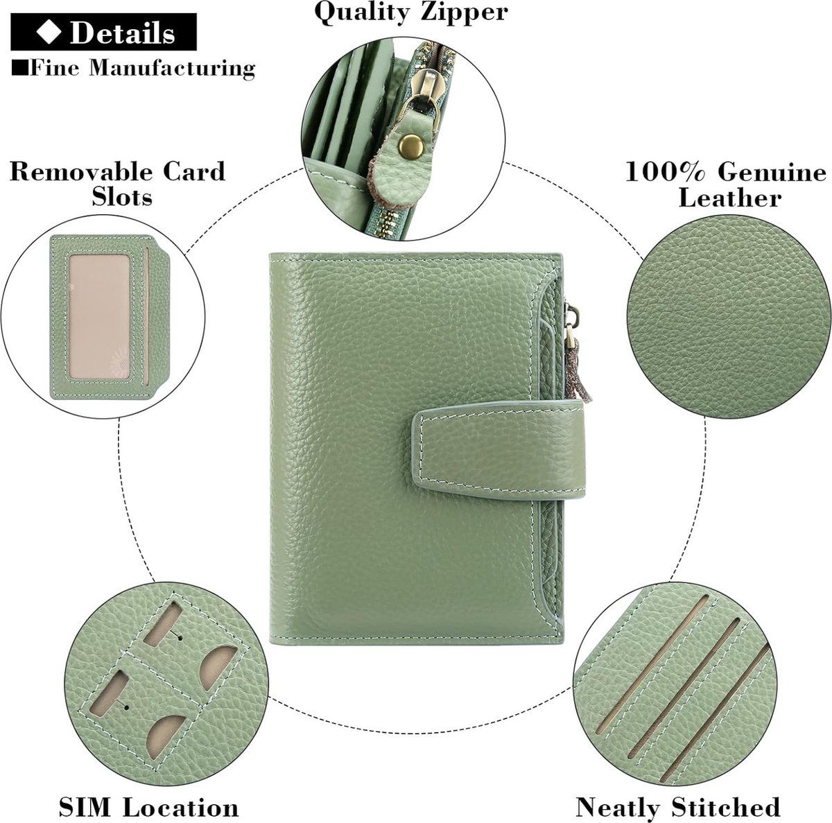 Womens Genuine Leather RFID Blocking Wallet With 14 Card Slots Zipper Coin Pocket Compact For Purse And Travel Light Green