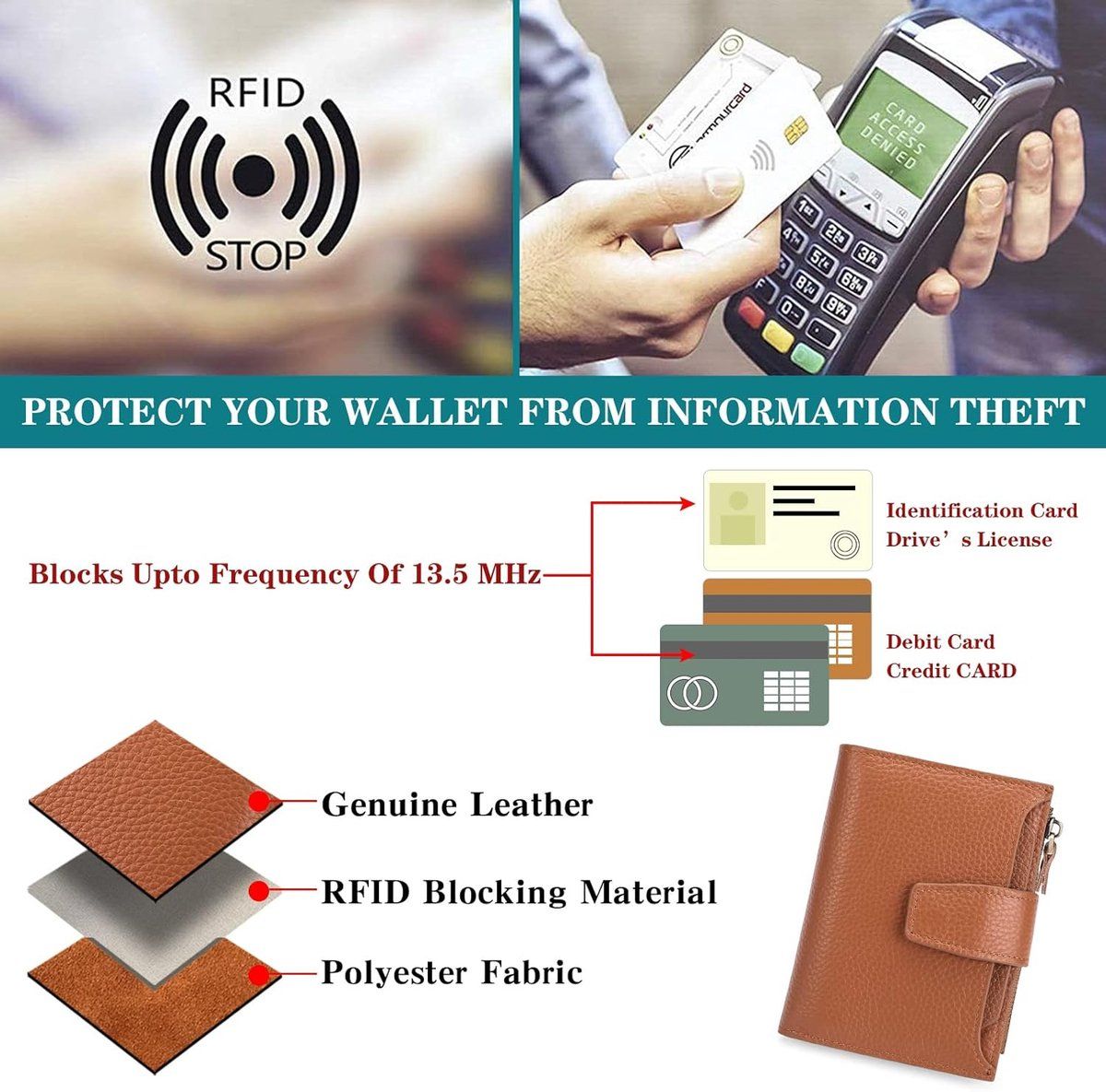 Womens Genuine Leather RFID Blocking Wallet, Compact Card Holder With Zipper Coin Pocket, For Travel And Everyday Use, Caramel Brown, 5.12 x 3.93 in