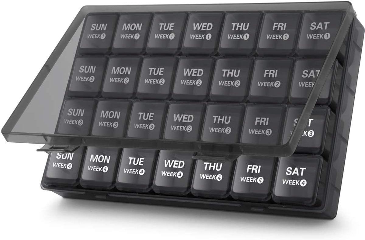 Monthly Pill Organizer 28 Day 4 Week Large Capacity BPA Free PP Plastic Travel Pill Box With Dustproof Container, Black