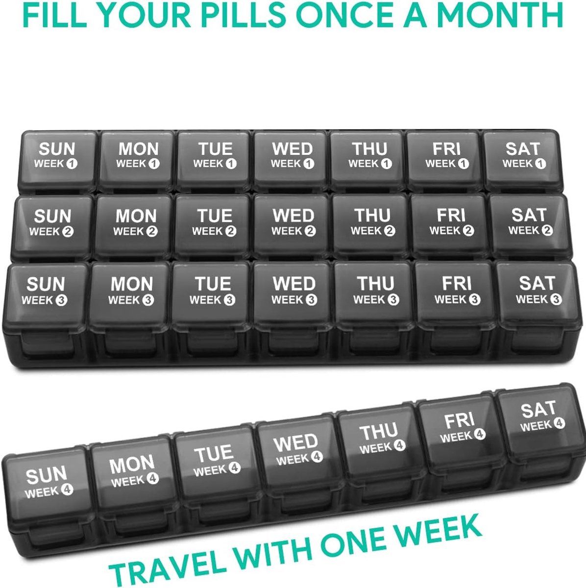 Monthly Pill Organizer 28 Day 4 Week Large Capacity BPA Free PP Plastic Travel Pill Box With Dustproof Container, Black