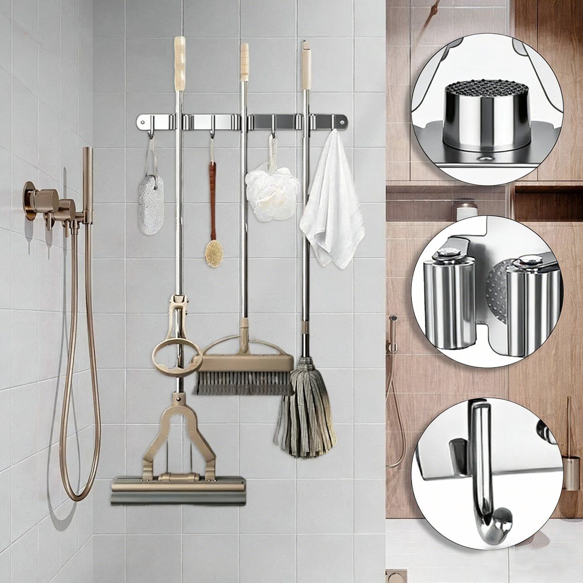 2 Pack Wall Mounted Broom And Mop Holder Set, Stainless Steel Organizer Rack With 4 Shelves And 5 Hooks, For Garage Kitchen Bathroom, Gray, 49 x 2 cm