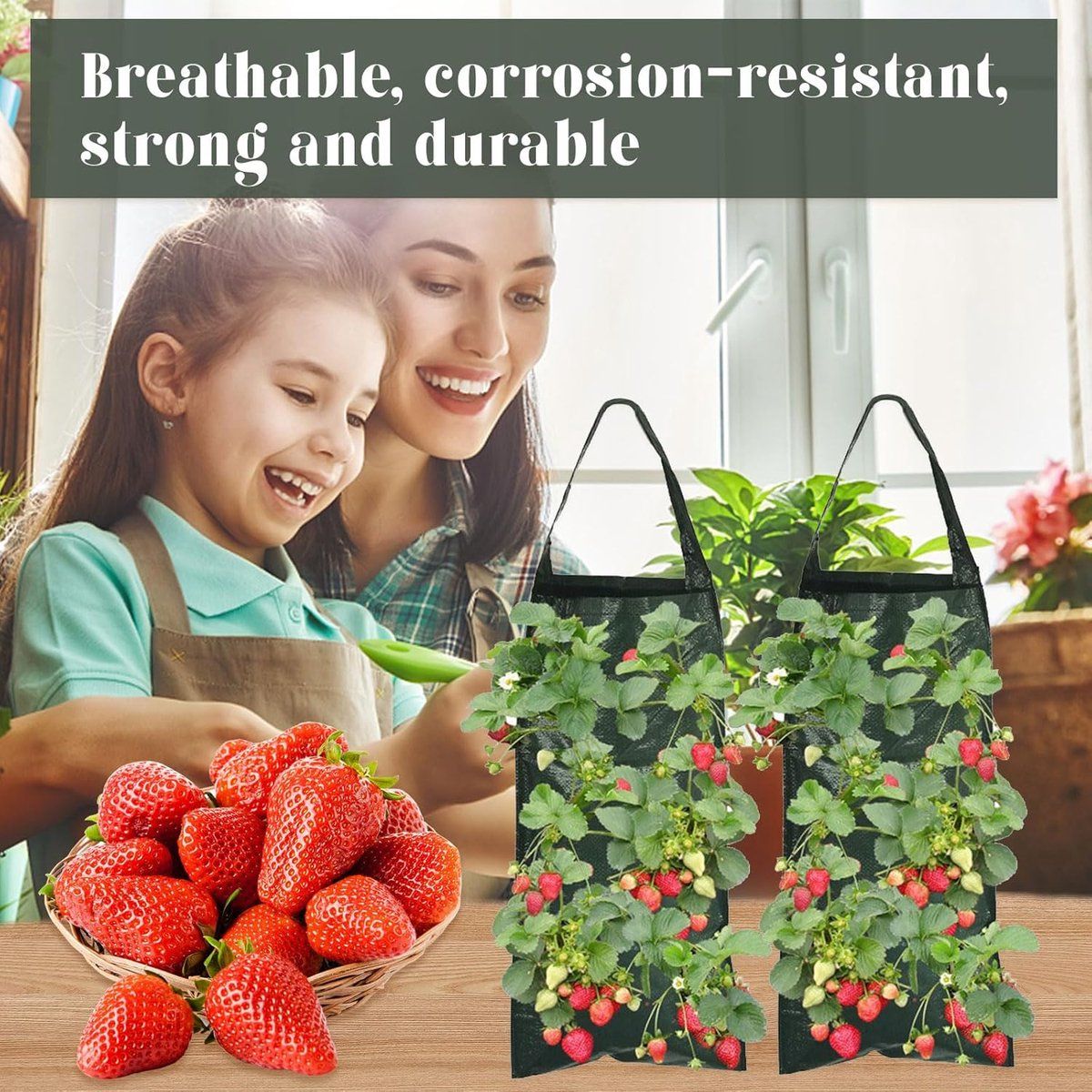 2 Pack Hanging Wall Grow Bags, Breathable PE Planting Bags With 8 Pockets And Handle For Strawberries Herbs Flowers Balcony Garden, Green, 25 x 60 cm
