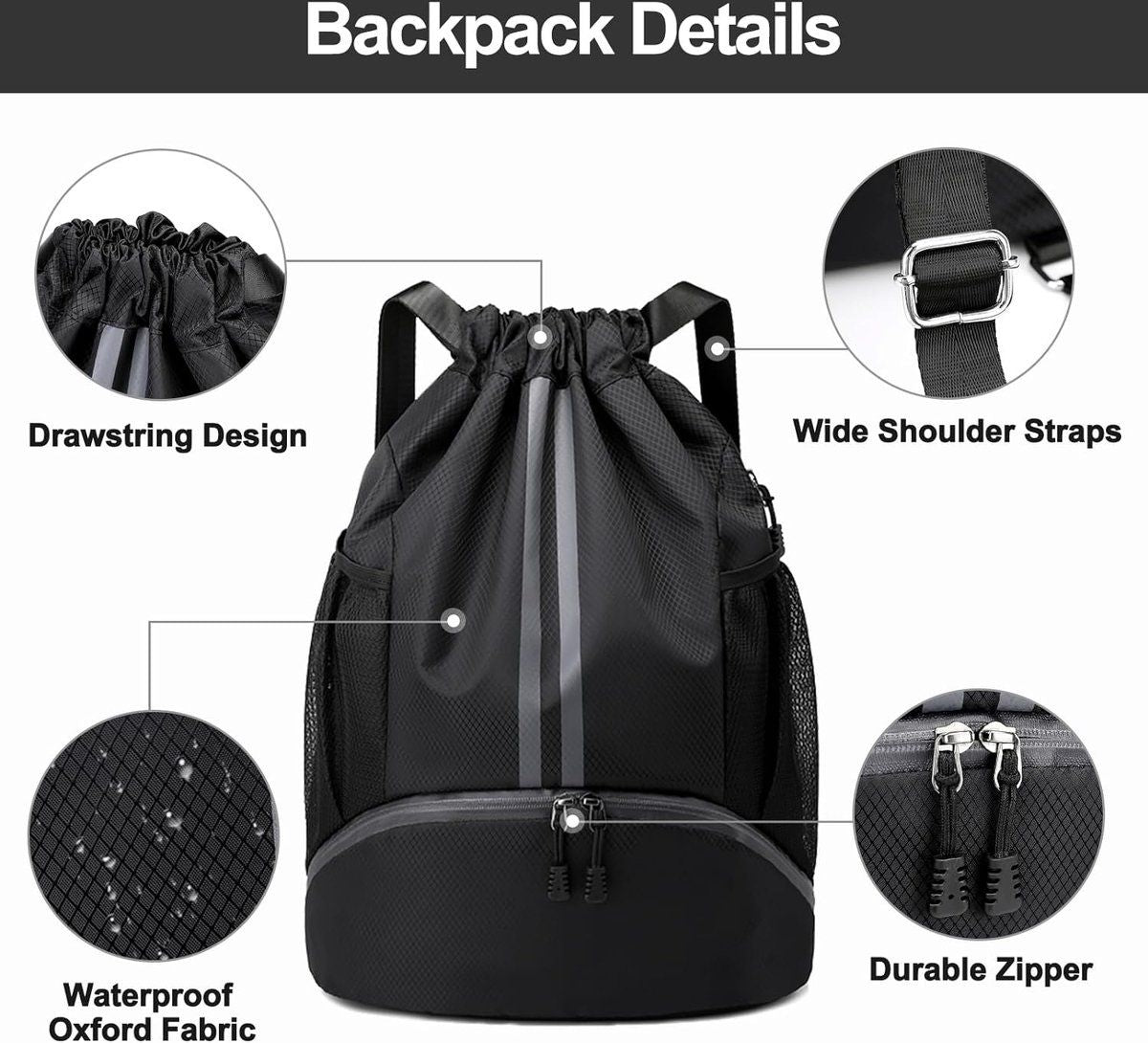 Water Resistant Drawstring Gym Backpack With Shoe Compartment And Wet Dry Pocket For Swimming Yoga Travel, Black