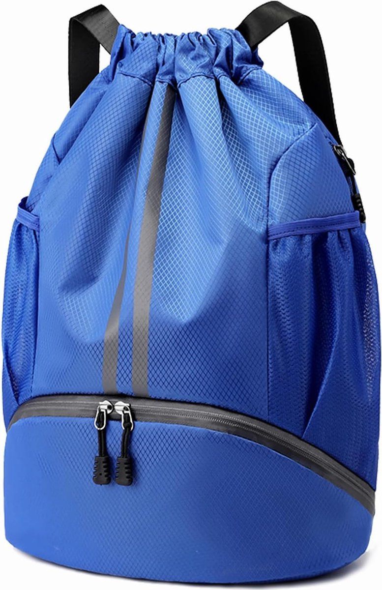 Drawstring Gym Backpack, Water Resistant Oxford Cloth Sports Bag With Shoe Compartment And Wet Pocket, For Swimming And Workout, Blue