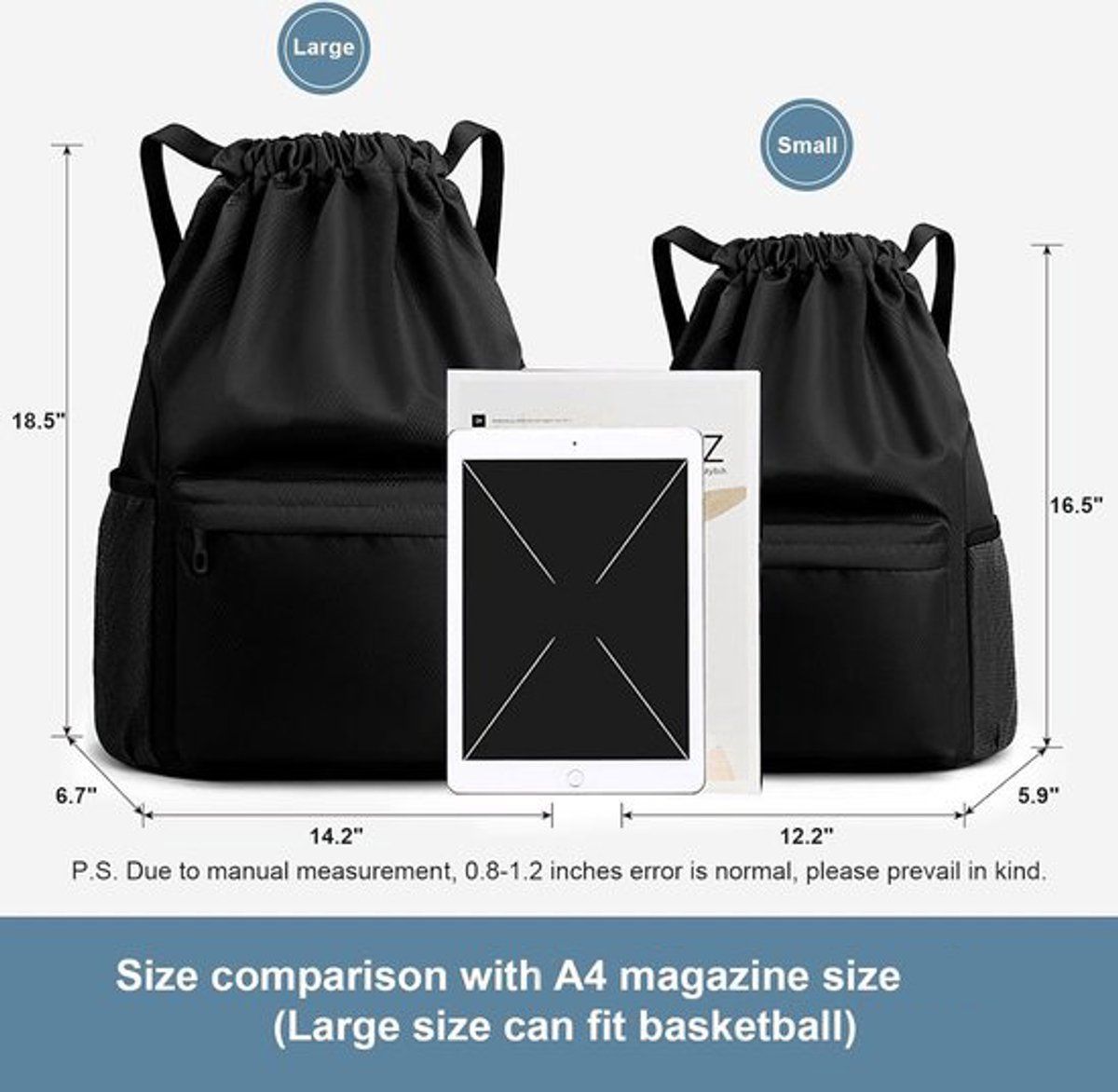 Drawstring Gym Backpack, Water Resistant Sports Bag With Wet Dry Compartment And Multiple Pockets, For Men And Women Swimming Yoga Travel, 16.5 in