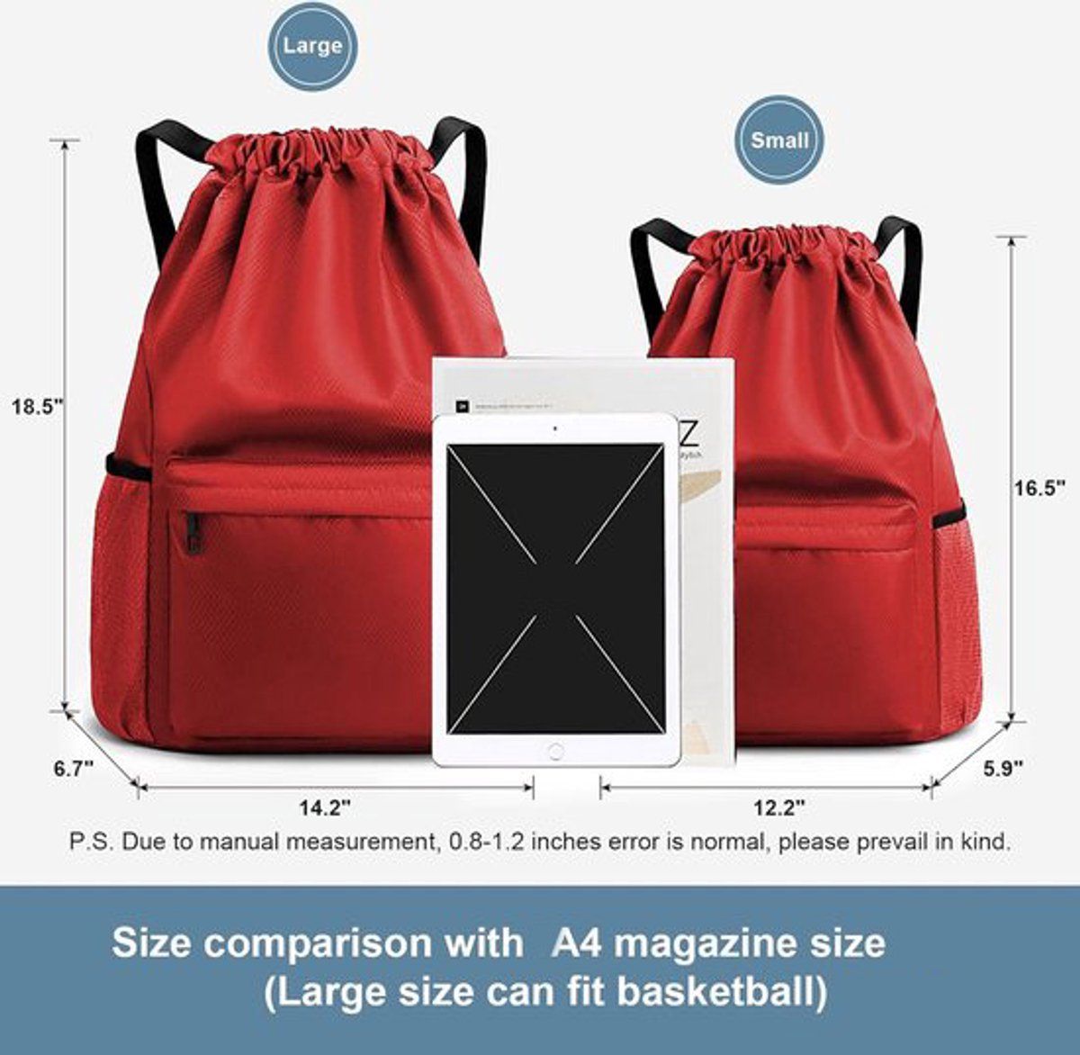 Water Resistant Drawstring Gym Backpack With Wet Dry Compartment And Multiple Pockets For Men Women Travel Yoga Dance Red, 16.5 in