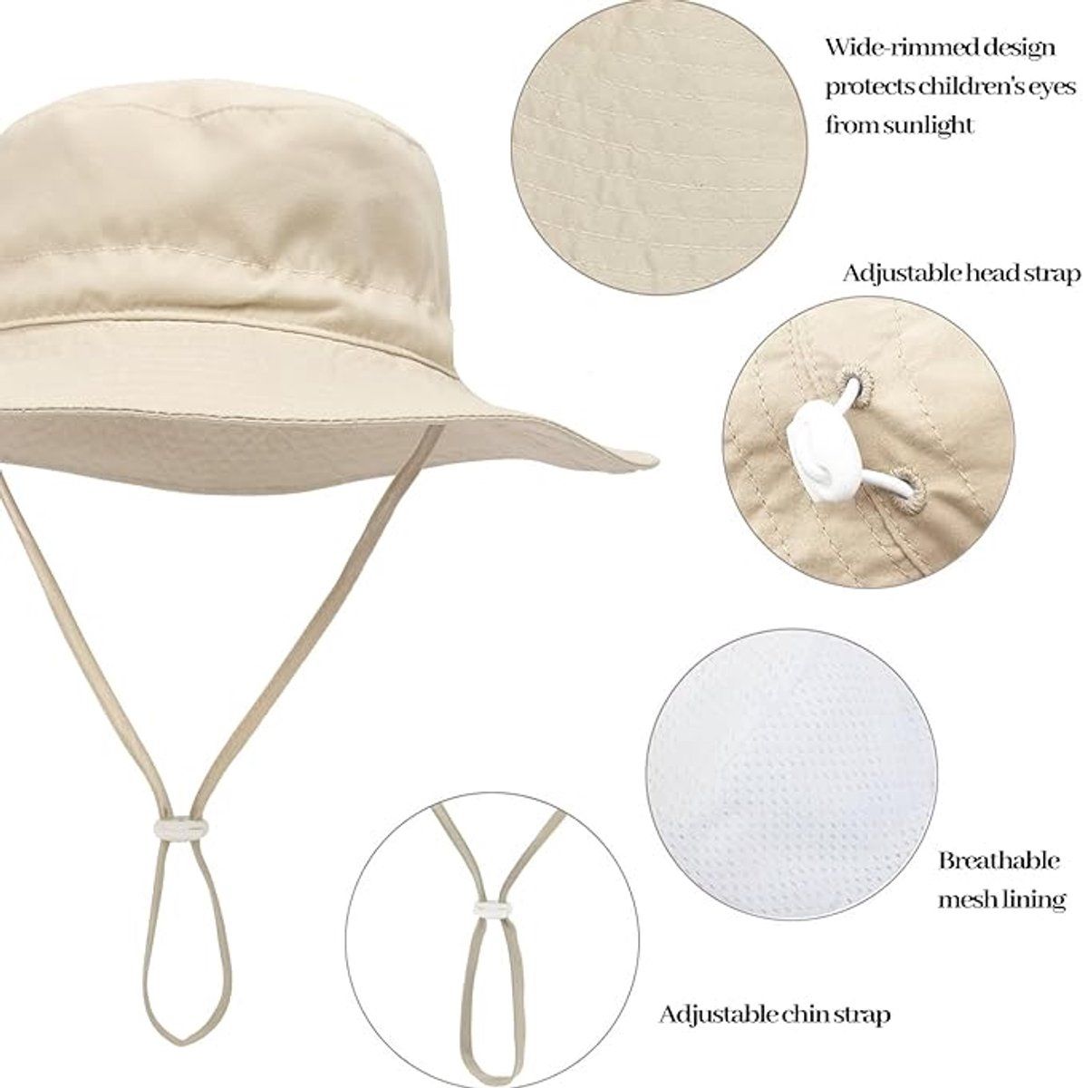 Baby Sun Hat, Breathable Cotton Wide Brim Bucket Hat With Adjustable Chin Strap, For Beach Travel Outdoors, XS Beige, 44 to 46 cm