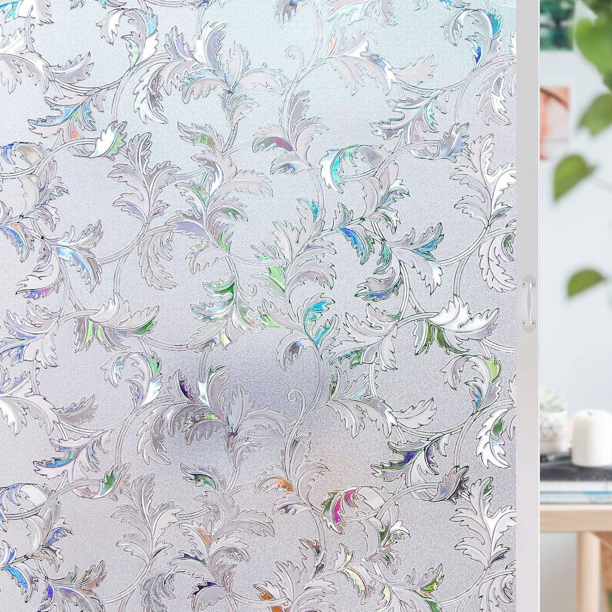 Decorative Window Privacy Film Static Cling PVC Frosted Glass Leaf Pattern For Home Office Bathroom, 45 x 200 cm