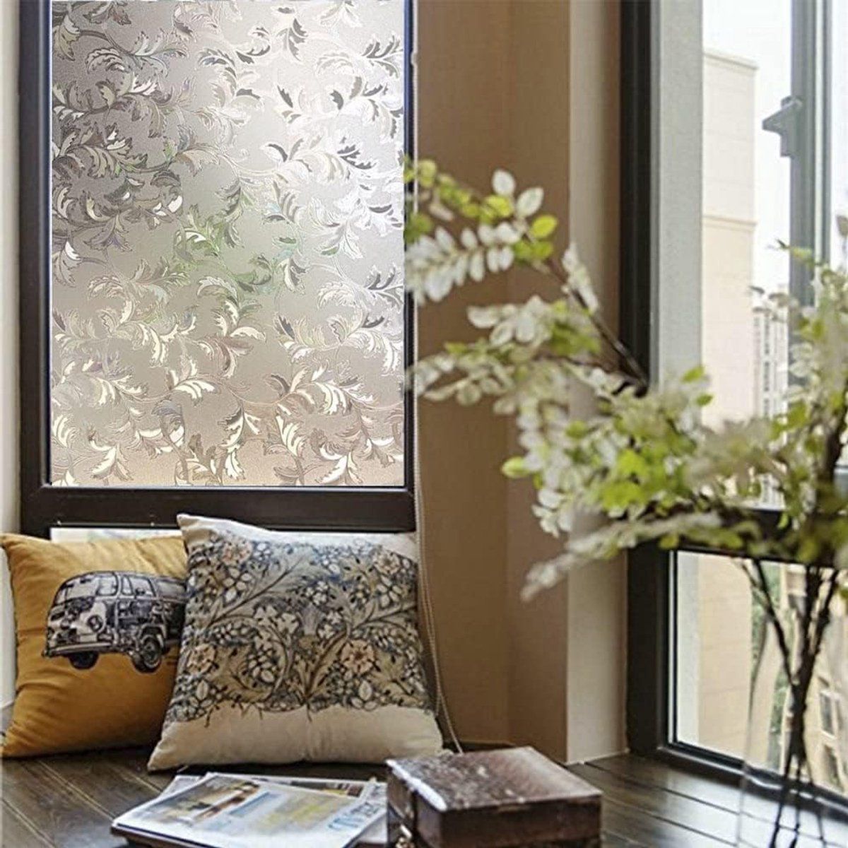 Decorative Window Privacy Film Static Cling PVC Frosted Glass Leaf Pattern For Home Office Bathroom, 45 x 200 cm
