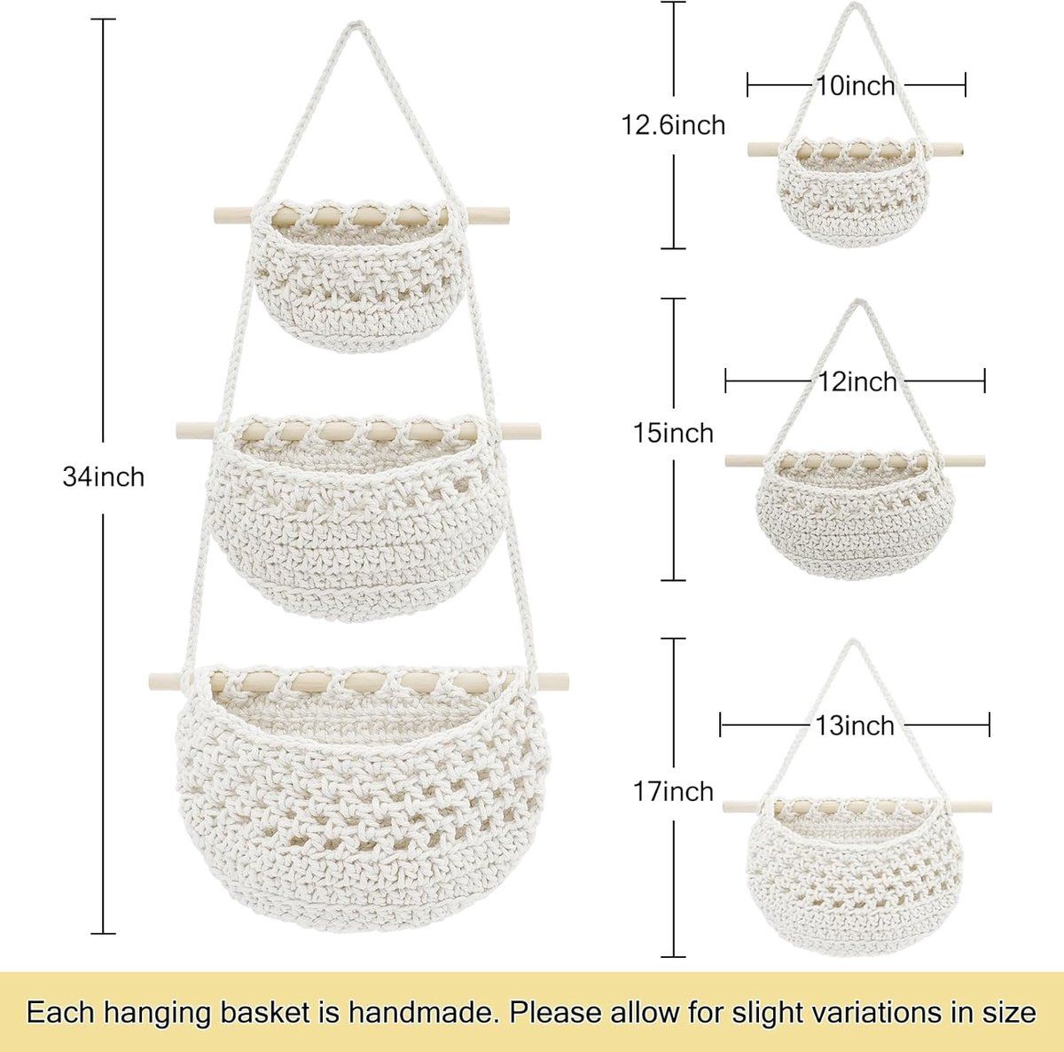 Hanging Fruit Basket 3 Tier Cotton Wall Storage Organizer, Boho Woven Basket Bags For Kitchen Bathroom Nursery, White
