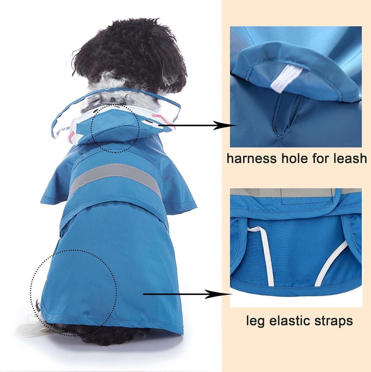Dog Raincoat With Hood, Waterproof Polyester Reflective Strips And Leash Opening, For Small Medium Dogs And Cats, Blue XL