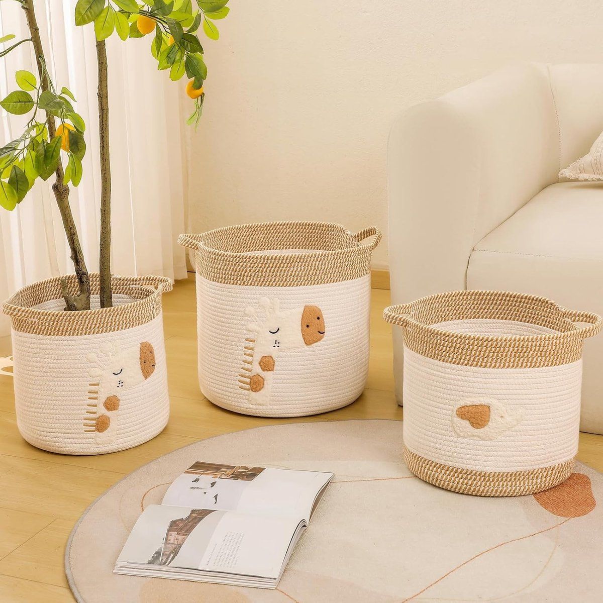 Diaper Caddy Organizer Basket, Woven Rope Storage Bin For Nursery Changing Table, Toy And Baby Essentials Storage, Khaki, 30 x 30 cm