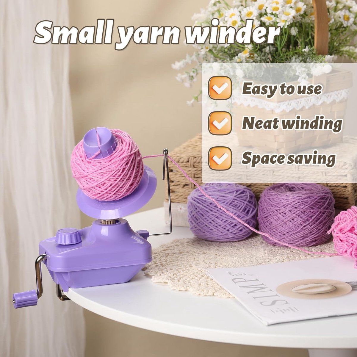 Hand Operated Yarn Ball Winder, Durable Plastic And Metal Knitting Tool For Fast Tangle Free Winding, Purple, 12 x 10.3 x 17 cm