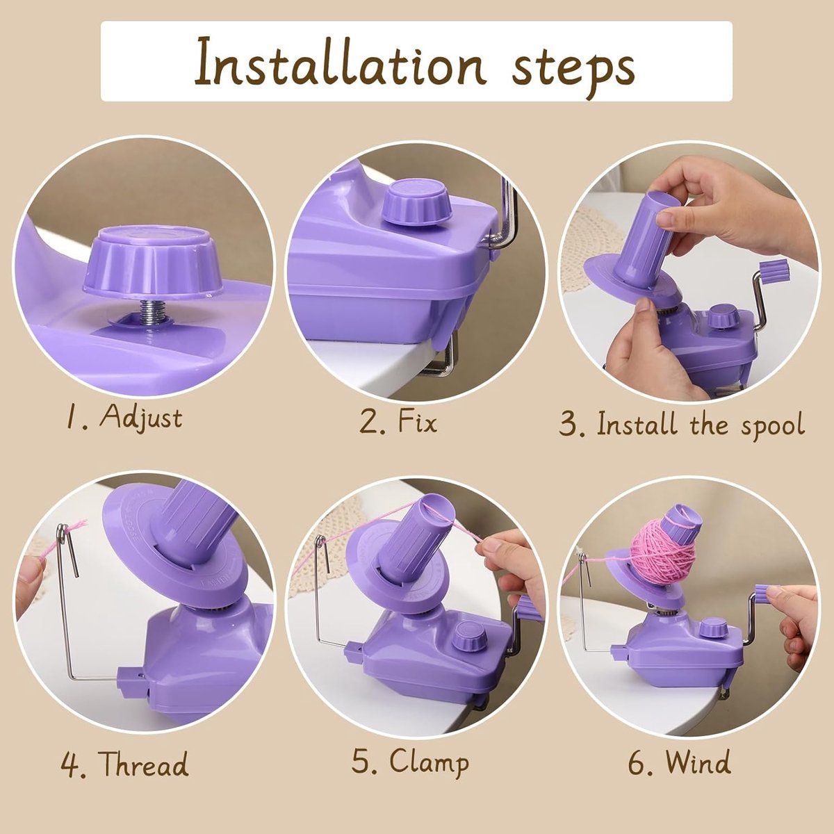 Hand Operated Yarn Ball Winder, Durable Plastic And Metal Knitting Tool For Fast Tangle Free Winding, Purple, 12 x 10.3 x 17 cm