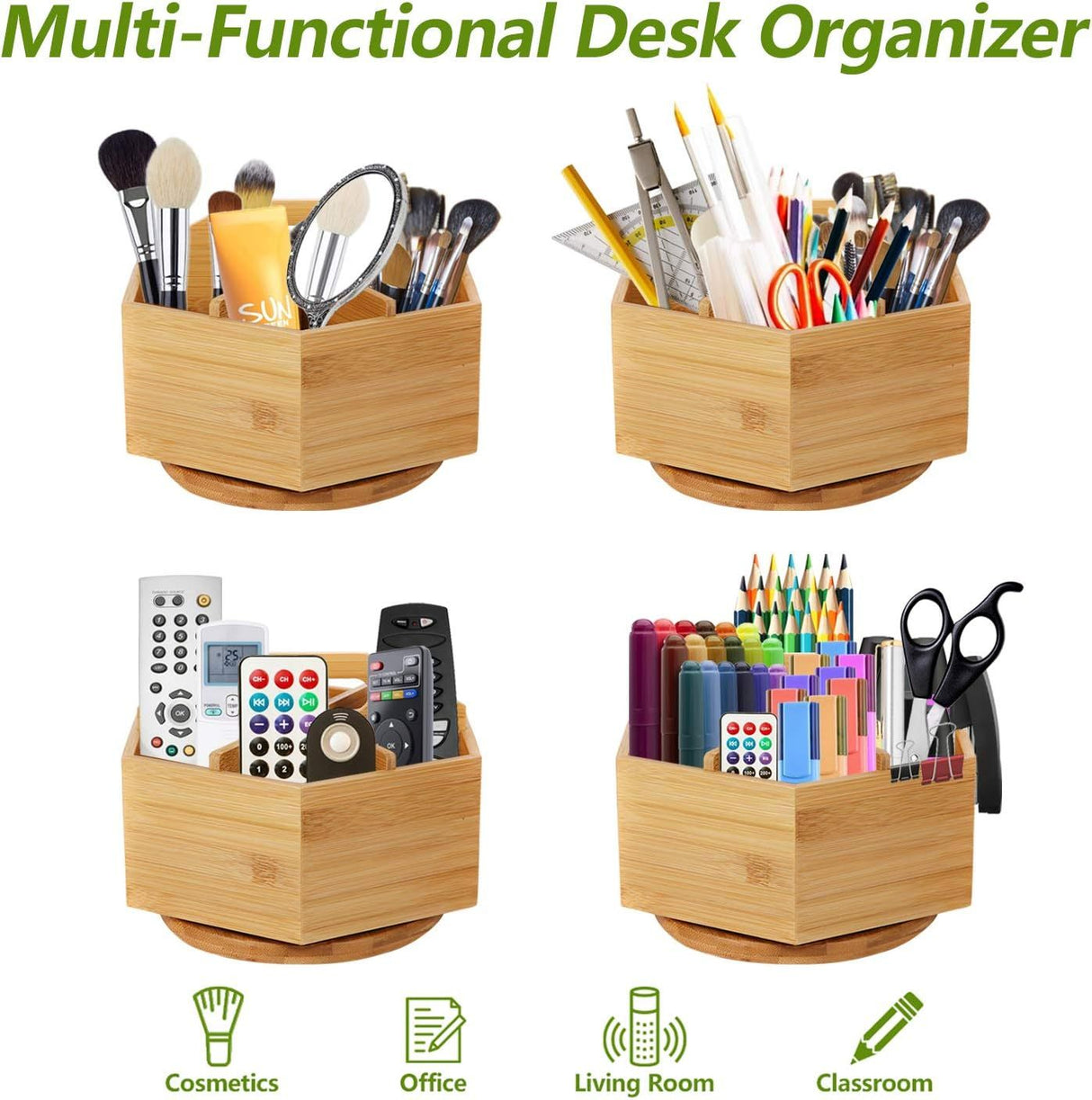 Hexagonal Bamboo Pencil Holder 360 Degree Rotating