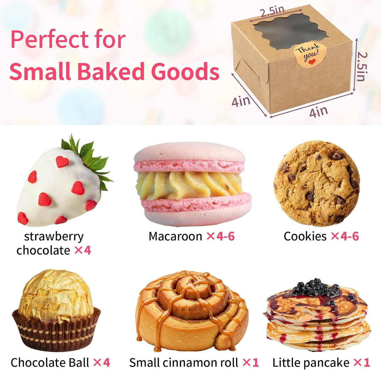 24 Piece Brown Cookie Boxes with Window and Stickers, 4 x 4 x 2.5 Inch