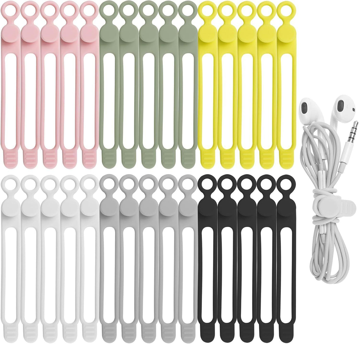 30 Piece Reusable Silicone Cable Ties 6 Colors