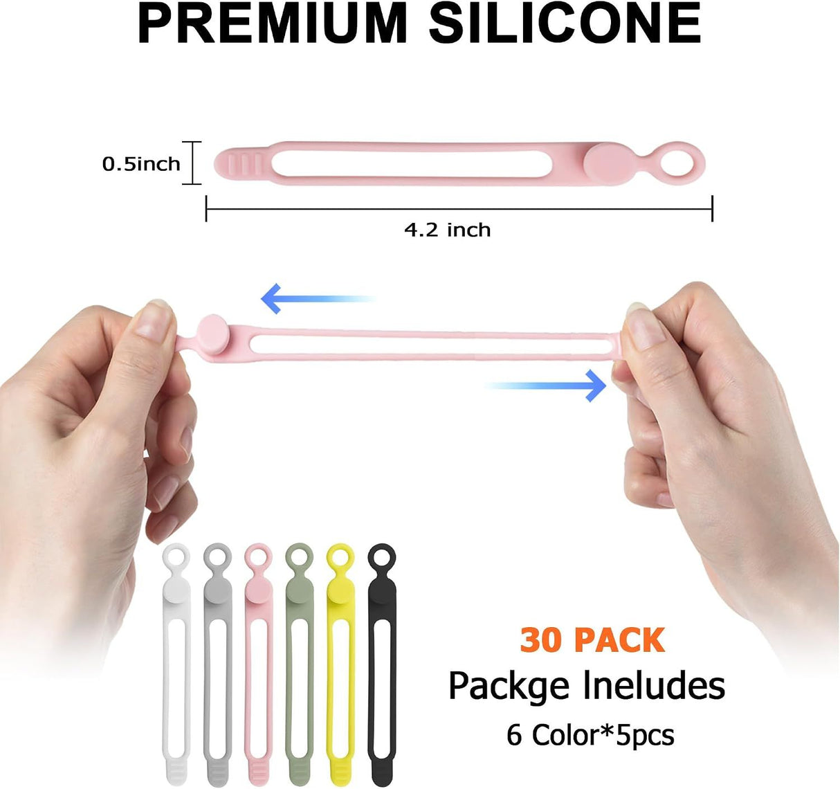 30 Piece Reusable Silicone Cable Ties 6 Colors