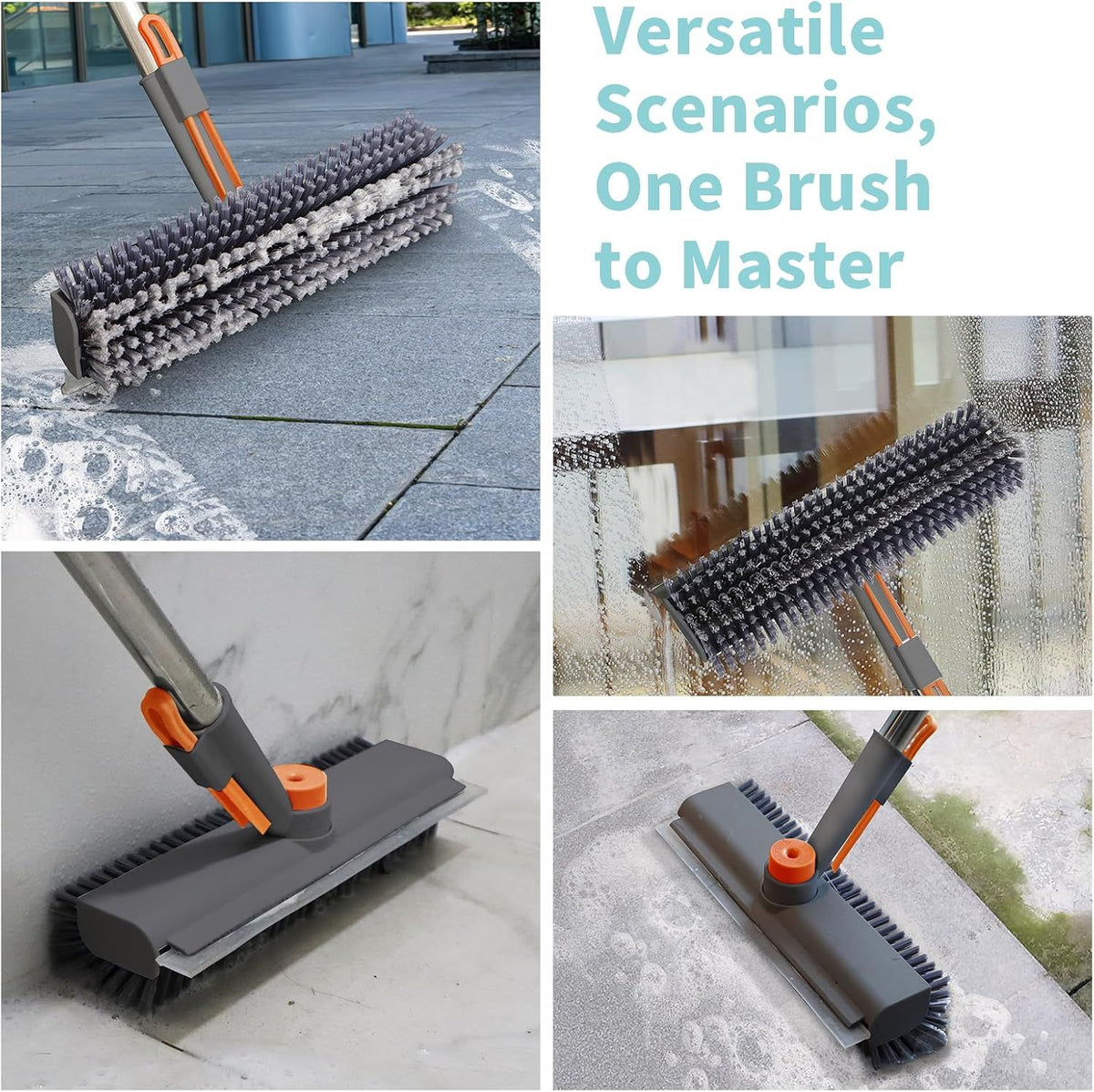 Floor Scrubber 3 in 1 with Long Handle 360 Degree Swivel Head Grey