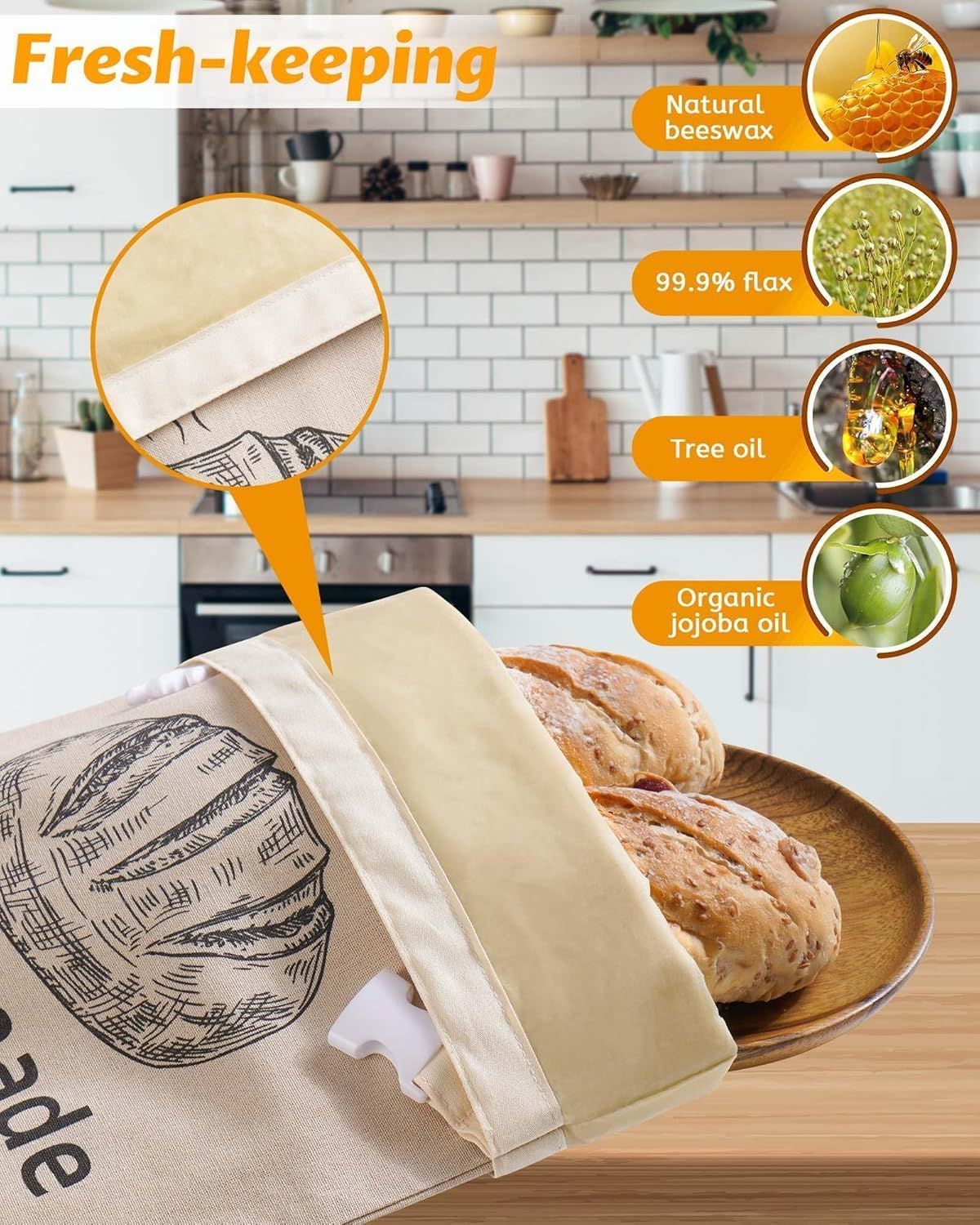 1 Piece Beeswax Bread Bag Organic Linen Beige, 43 x 32 cm