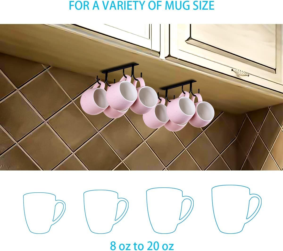2 Piece Under Cabinet Mug Holder 8 Hooks Black