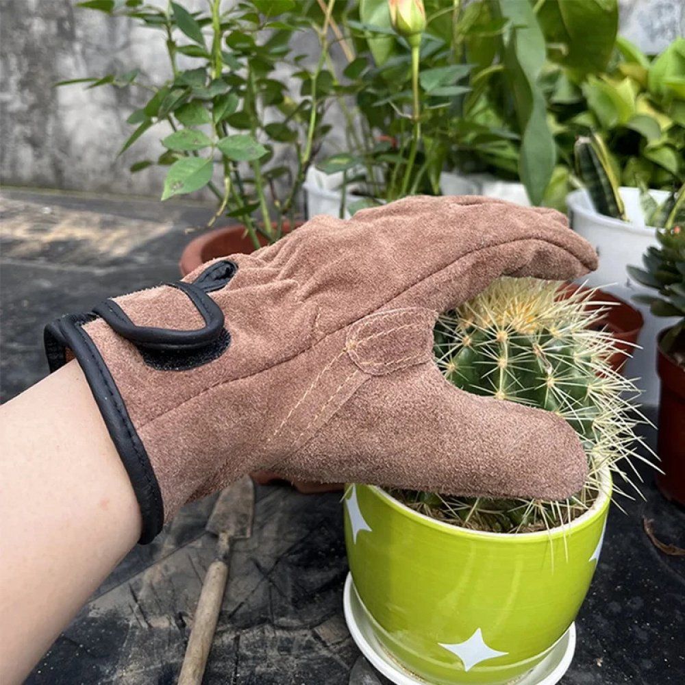 1 Pair Leather Garden Gloves Thorn Resistant Yellow Black, Size L