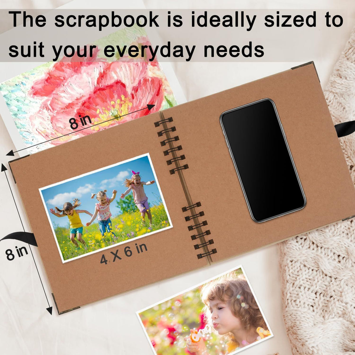 40 Page Kraft Paper Scrapbook Album with Ribbon Closure, 20 x 20 cm