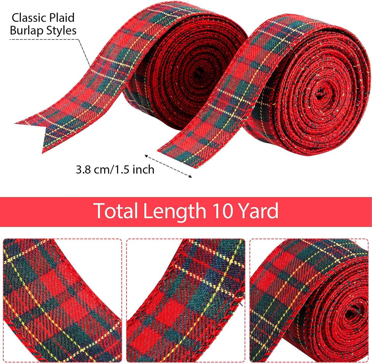 Christmas Checkered Jute Ribbon with Wire Edge Red and Green, 5 cm x 6 m