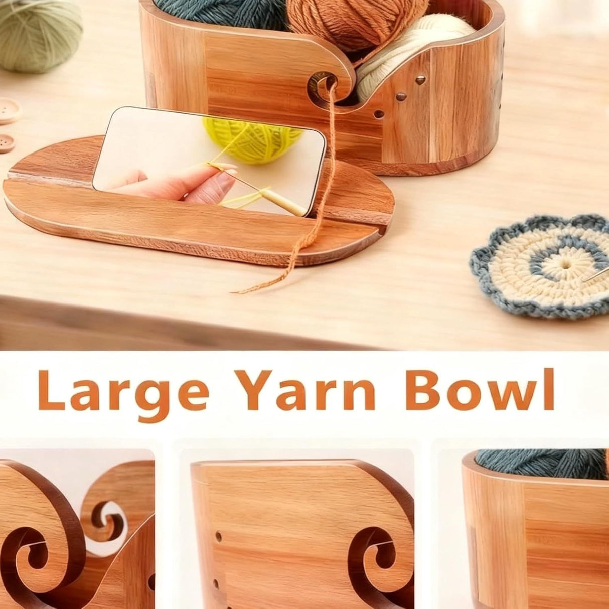 9 Piece Bamboo Crochet Hook Set with Wooden Yarn Bowl and Phone Holder