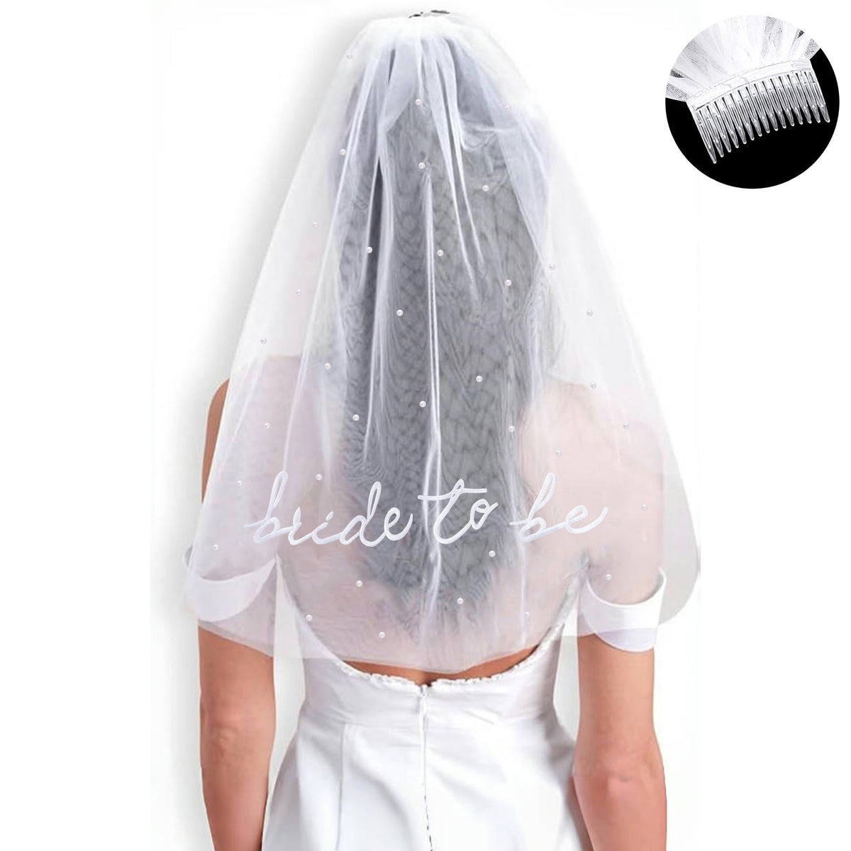 Bride to Be Pearl Veil Embroidered White