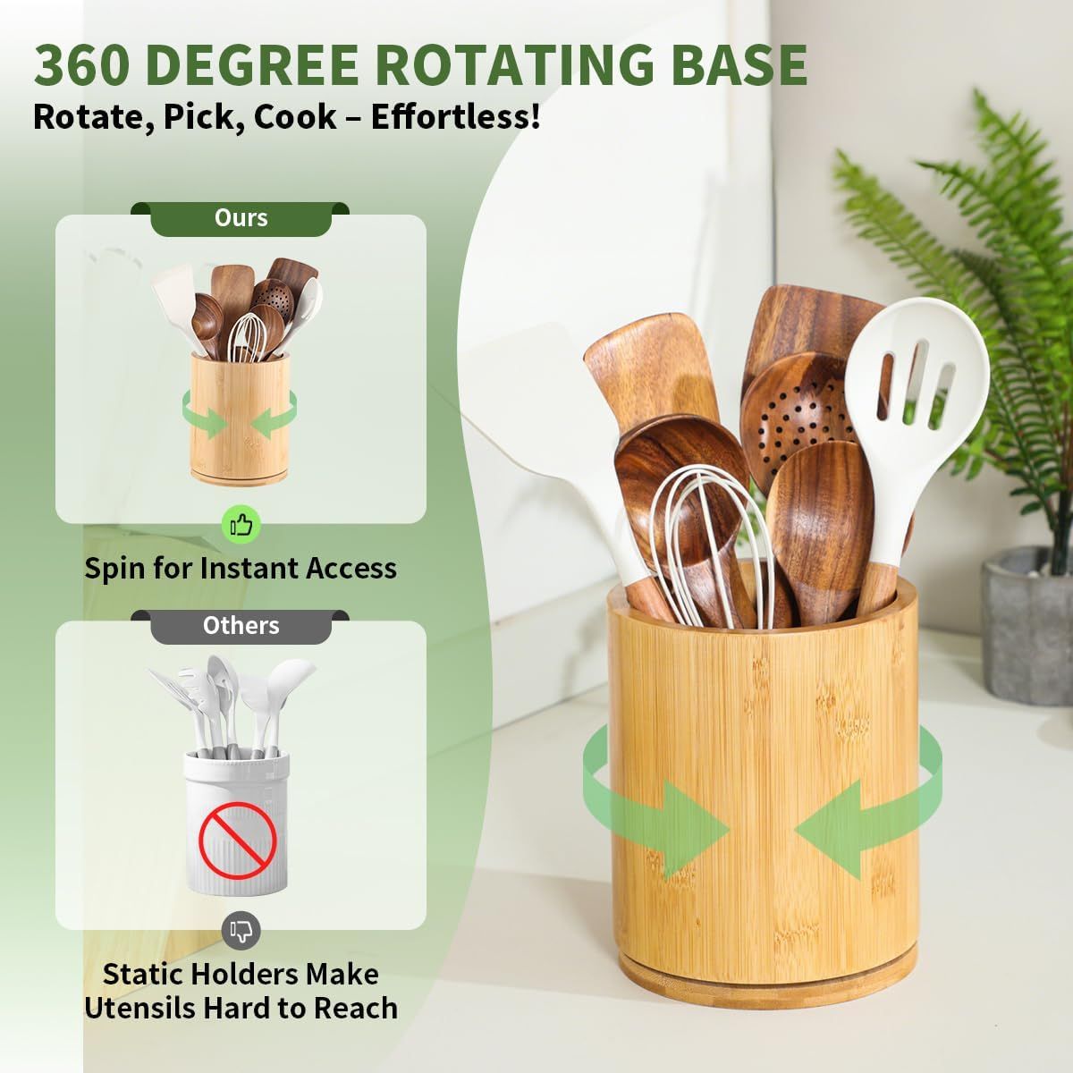 1 Piece Wooden Cutlery Holder 360 Degree Rotating Holds 10 to 15 Pieces, 15 cm