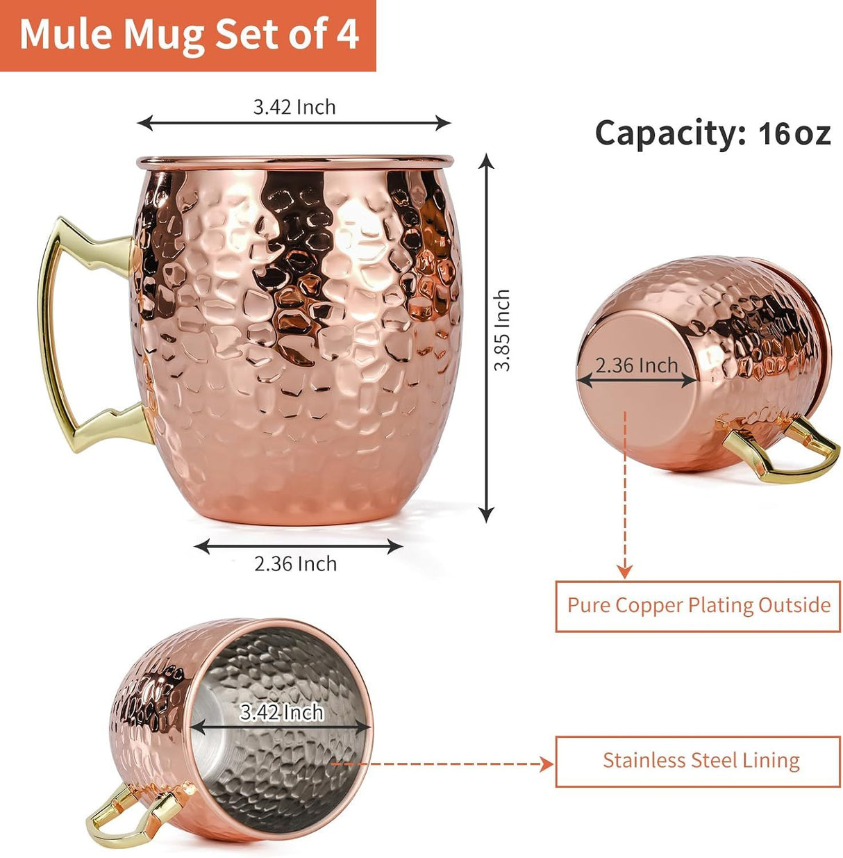 4 Piece Moscow Mule Mug Set Hammered Copper Look, 500 ml