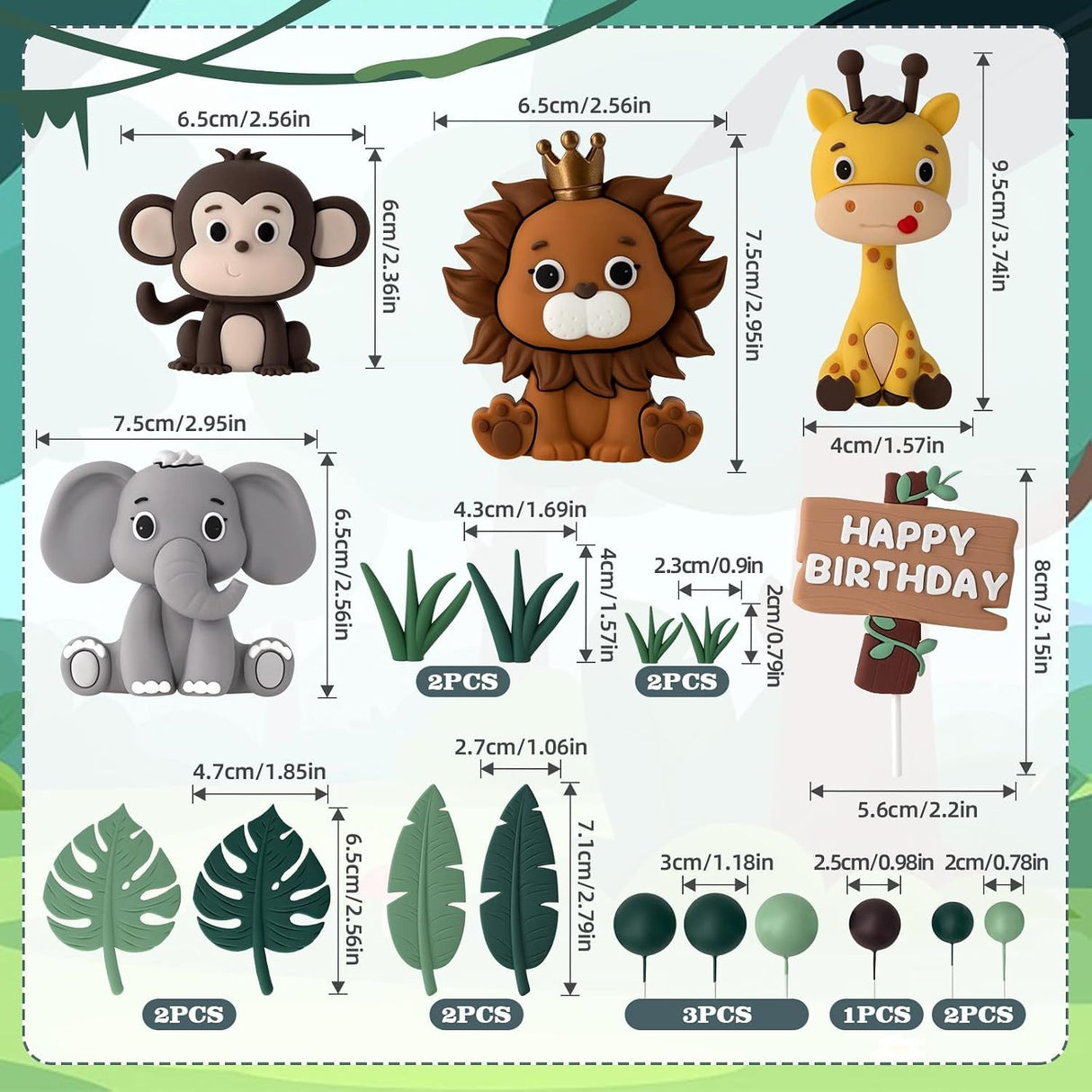 19 Piece Safari Cake Topper Set Animal and Leaf Design