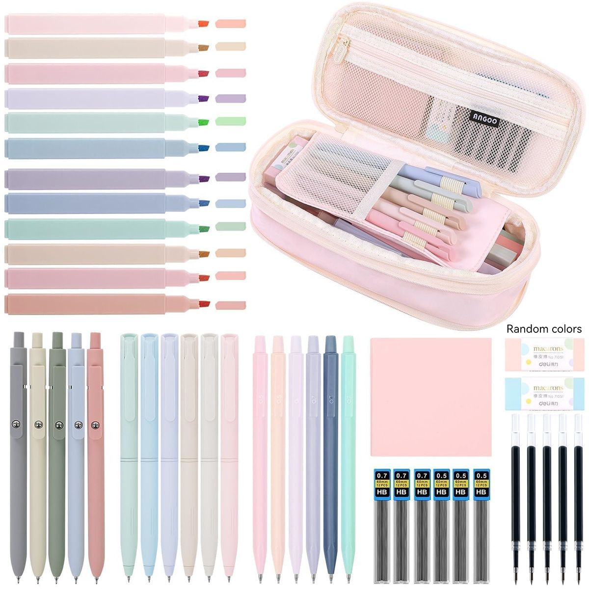 44 Piece School Supplies Set with Pencil Case Pastel Highlighters and Gel Pens Pink, 22 x 10.5 x 6.5 cm