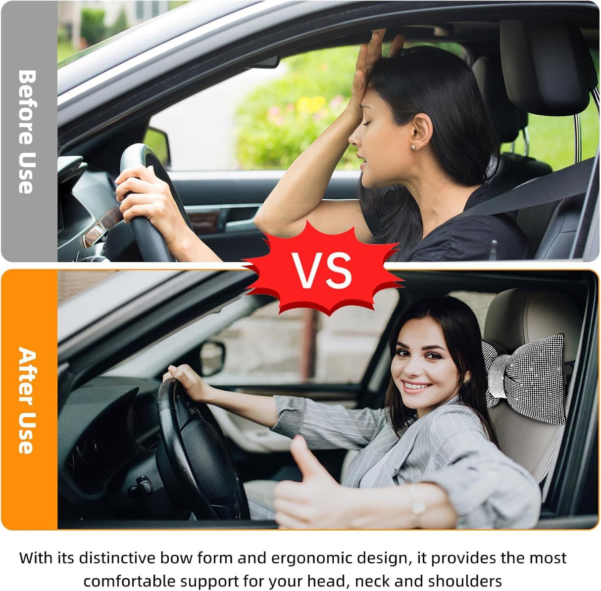 2 PCS Bling Car Pillows, Rhinestones Bowknot Bling Car Headrest Pillow, Car Neck Pillow for Driver Cool Relax Necksupport, White Crystal Diamond Car Accessories for Women