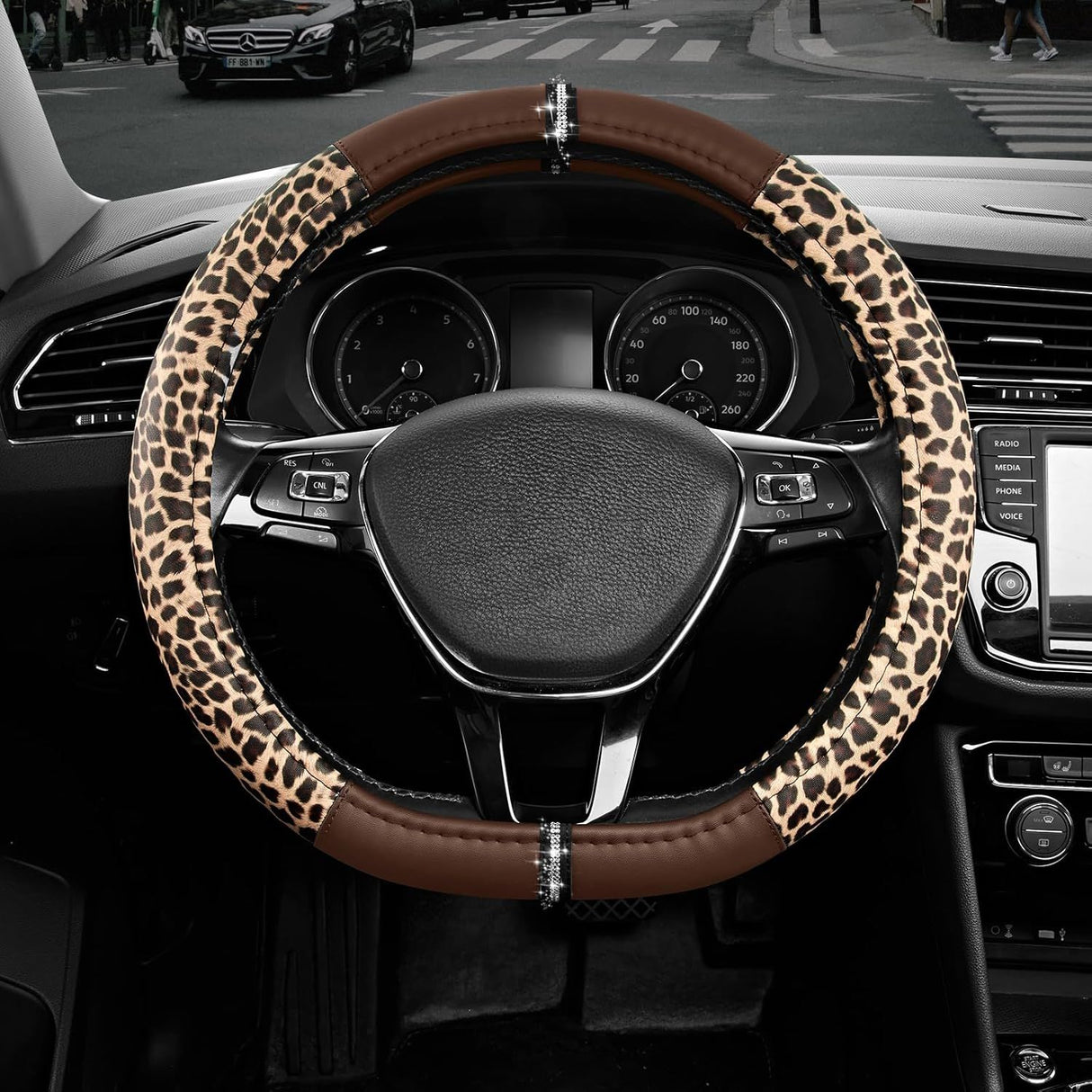 Leopard Steering Wheel Cover for Women, Cute Anti-Slip Microfiber Leather, Fits D Shape Flat Bottom Steering Wheel 14.5-15 Inch - Brown
