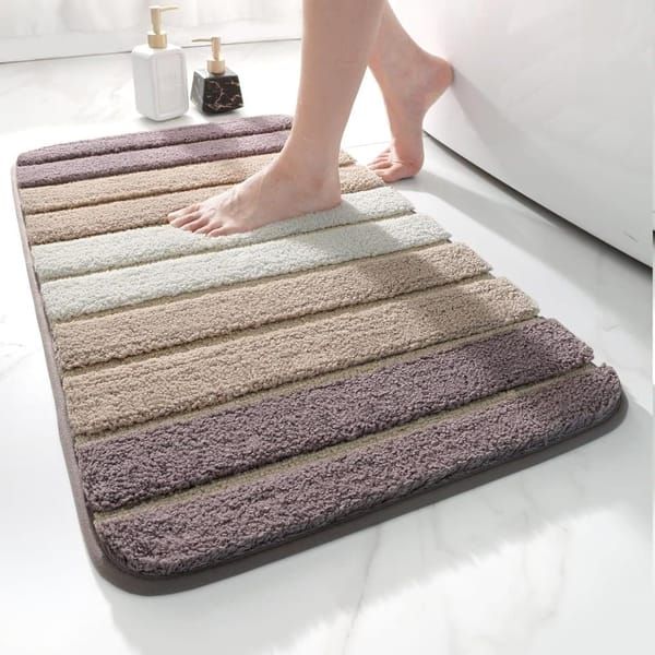 Soft Absorbent Bath Mat Non‑Slip Bathroom Rug Machine Washable 40x60cm Beige Striped