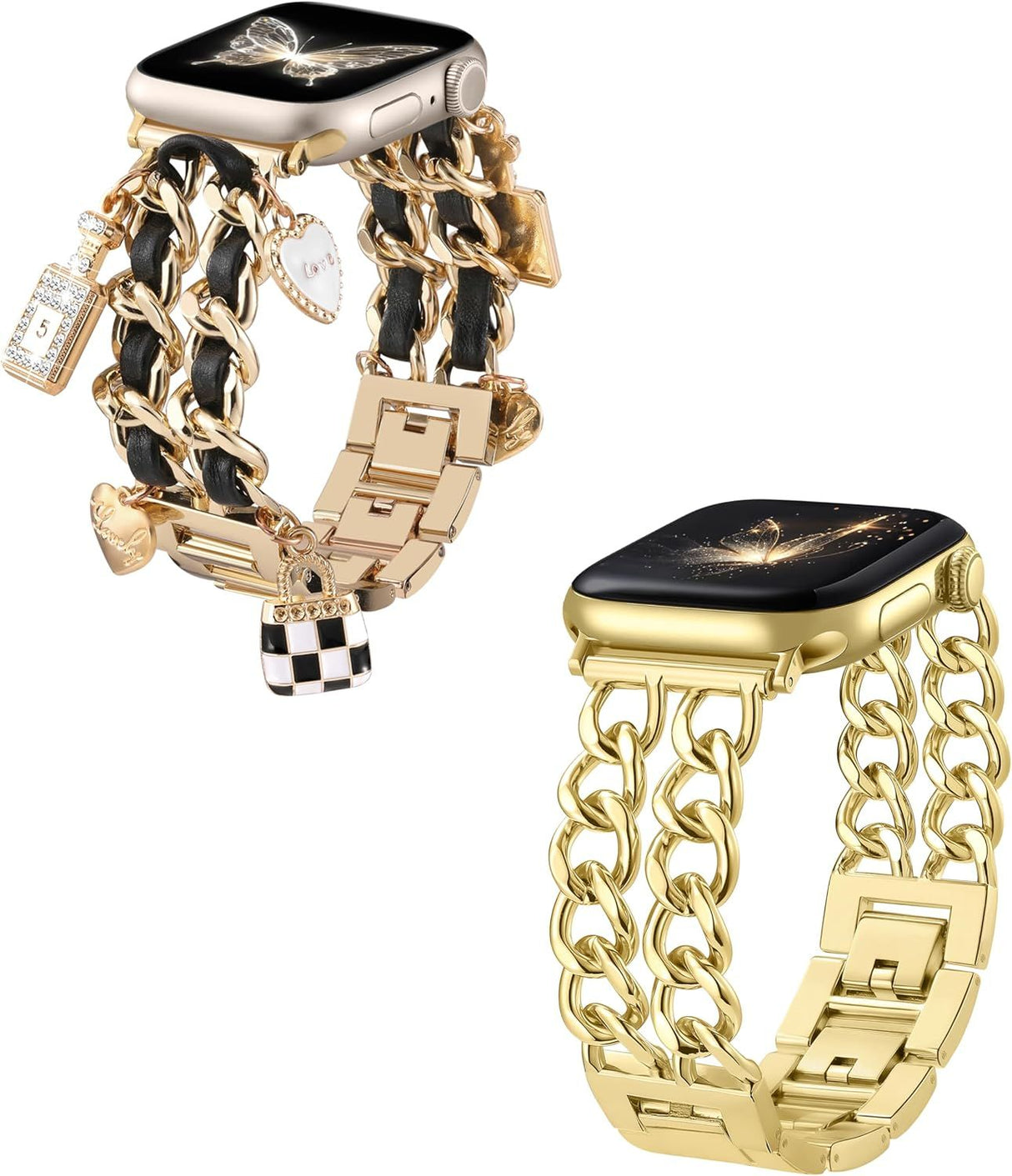 Gold Band Compatible with Apple Watch Bands for Women 40mm 42mm 38mm 41mm 44mm 45mm 46mm, Metal Double Chain Link Design Bracelet Replacement for iWatch Series 11 10 9 8 7 6 5 4 3 2 1(No Case)