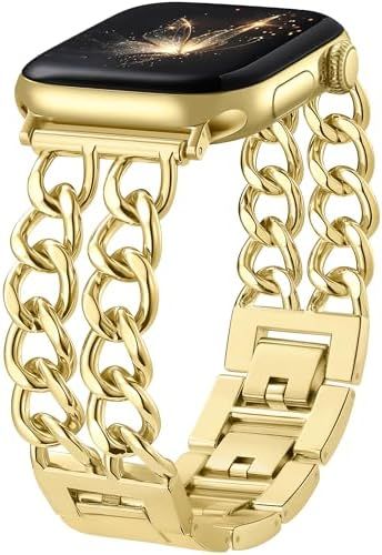 Gold Band Compatible with Apple Watch Bands for Women 40mm 42mm 38mm 41mm 44mm 45mm 46mm, Metal Double Chain Link Design Bracelet Replacement for iWatch Series 11 10 9 8 7 6 5 4 3 2 1(No Case)
