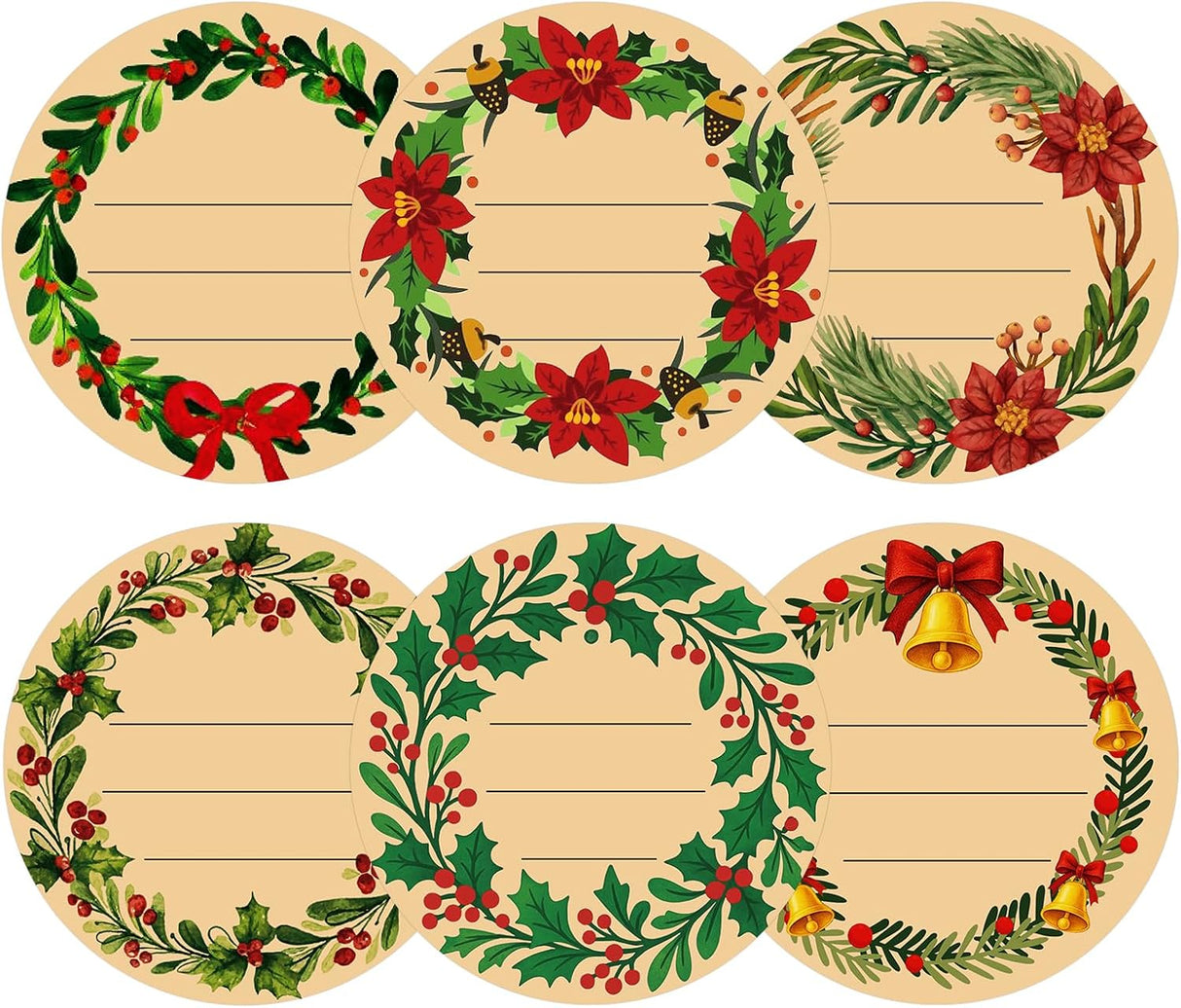 120Pcs Christmas Gift Stickers - 2 Inch Round Kraft Paper Christmas Holiday Wreath Labels Stickers for Gift Wrapping, Party Favors, DIY Crafts