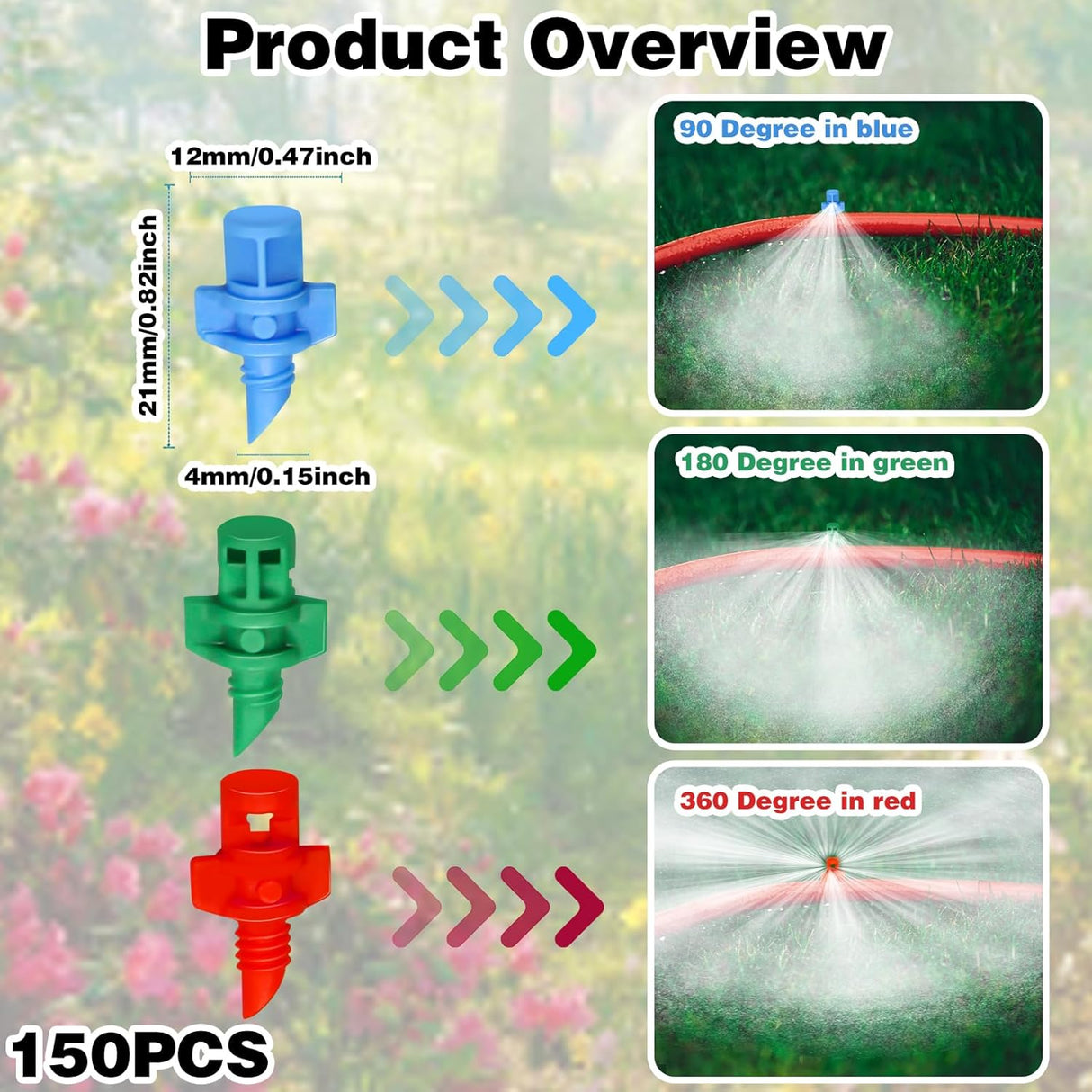 150Pcs Drip Irrigation Emitters, Micro Sprinkler Heads Misting Sprinkler Refraction Micro Sprayer Nozzles for Plants Lawn Water System (90/180/360 Degrees)