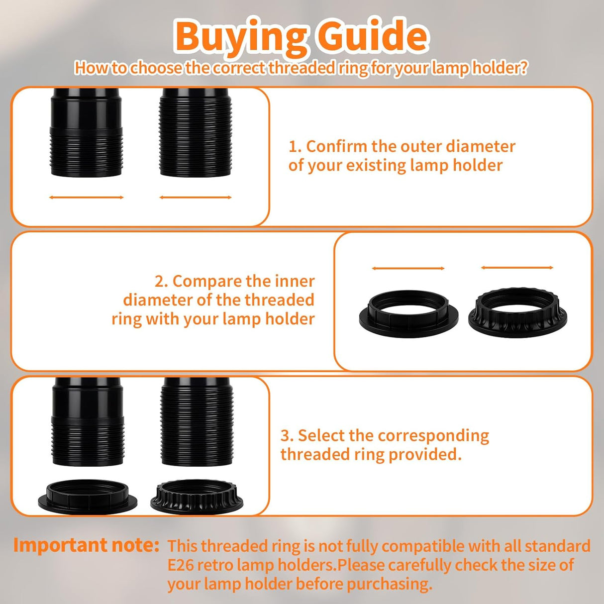 6 Pack E26 Lamp Shade Rings - E26 Light Socket Shade Rings Collar Ring,- 34mm (1-3/8") & 39mm (1-1/2") 2 Sizes Black Threaded Reducer Collar Ring for Light Socket, Hanging Lamp Holder Parts