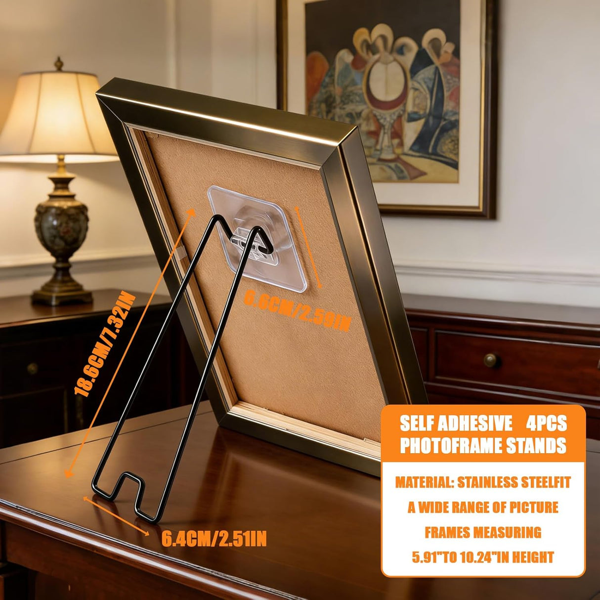 4Pcs Picture Frame Stand - Black Metal Table top easel -Heavy Duty Picture Holder Stand with Self-Adhesive for 5.9 to 10.2 inch Picture Frame Easel 5.12“ x 2.17”