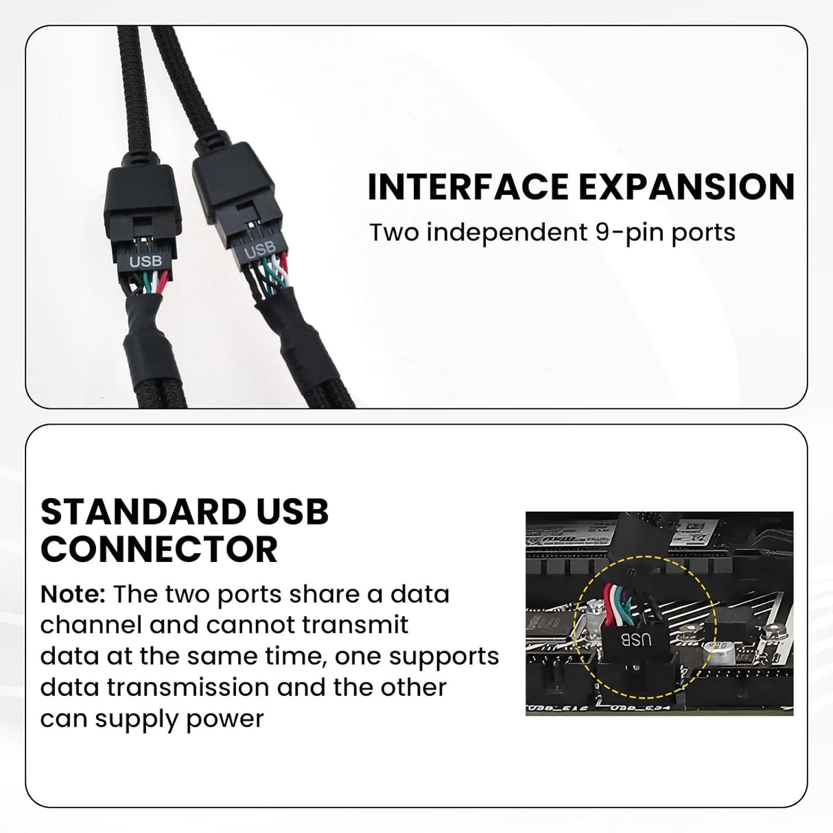 2Pcs Motherboard 9 Pin USB 2.0 to Dual 9 Pin Extension Splitter, USB 2.0 Header Splitter Nylon Braided Cable for PC Computer Internal Motherboard USB Hub, Black