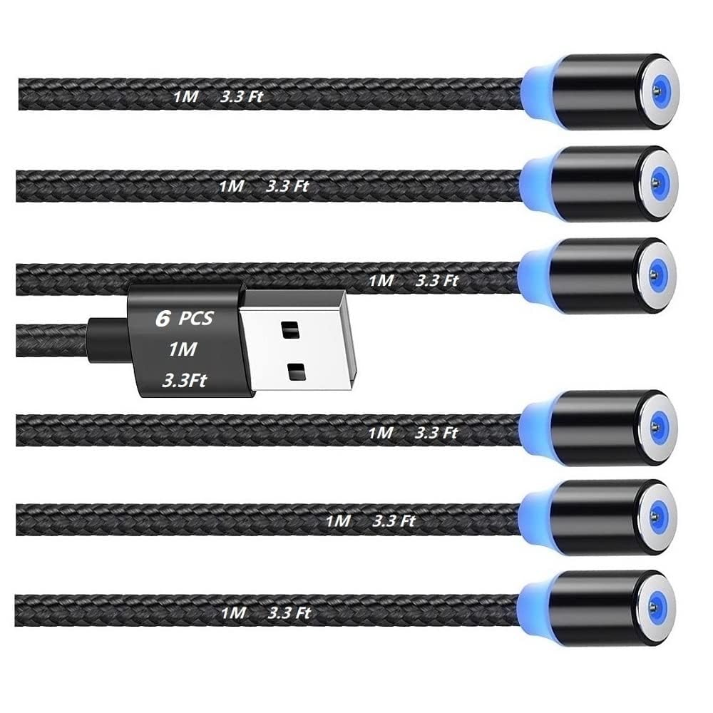 Magnetic Charging Cable 6pcs,Just 360°Rotate Magnetic Cables Without Magnetic Charging Tips,[3.3ft/1m,2.4 A Max 3in1 Nylon Braid Cord(3.3ft/Black), 6PC/3.3ft/Black