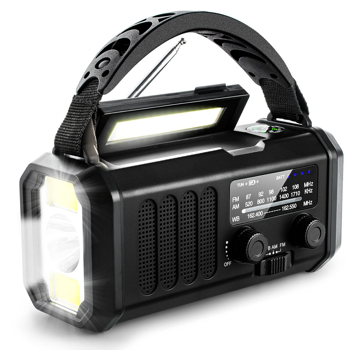 Solar Powered Emergency Radio with AM/FM, Rechargeable Battery, Flashlight, Reading Light and Phone Charger for Indoor Outdoor Use