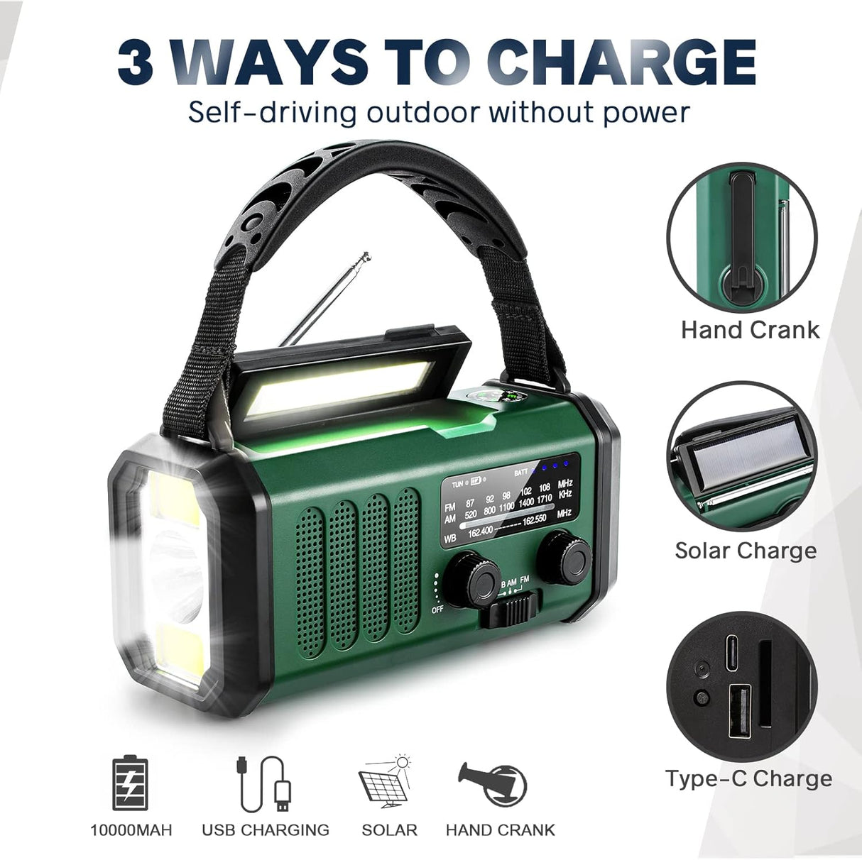 Solar Powered Emergency Radio with AM/FM, Rechargeable Battery, Flashlight, Reading Light and Phone Charger for Indoor Outdoor Use